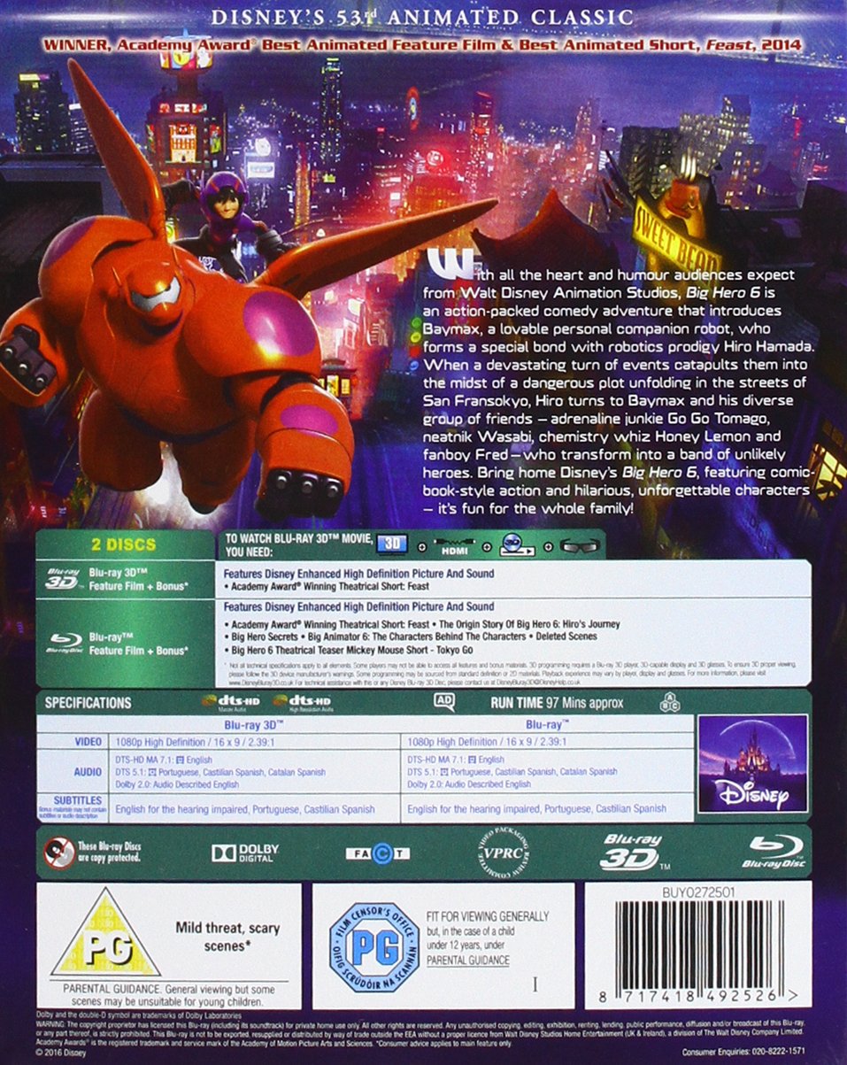 Big Hero 6 Blu-ray Movie - Region Free - Disney Animated Action Adventure Film - Perfect for Family Movie Night & Kids Entertainment