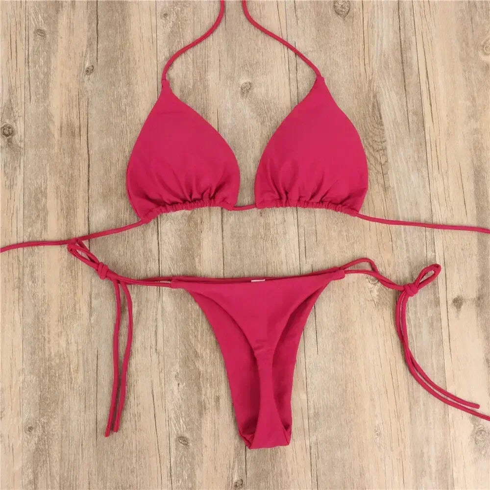 2 Pcs Women's Sexy Solid Color Bikini Set - Halter Neck Strap Thong Swimwear Bathing Suit for Beach, Pool Party & Summer Vacation