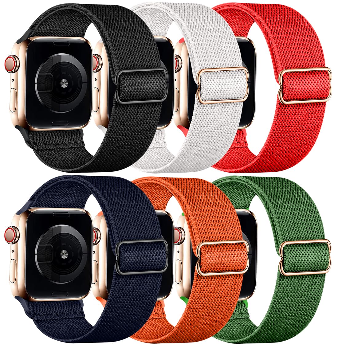 Stretchy Nylon Apple Watch Bands 38mm 40mm 41mm 42mm 44mm 45mm - Adjustable Elastic Braided Solo Loop Strap Compatible with iWatch Series 8/7/6/5/4/3/2/1/SE (6 Pack) - Perfect for Workouts, Running & Everyday Wear