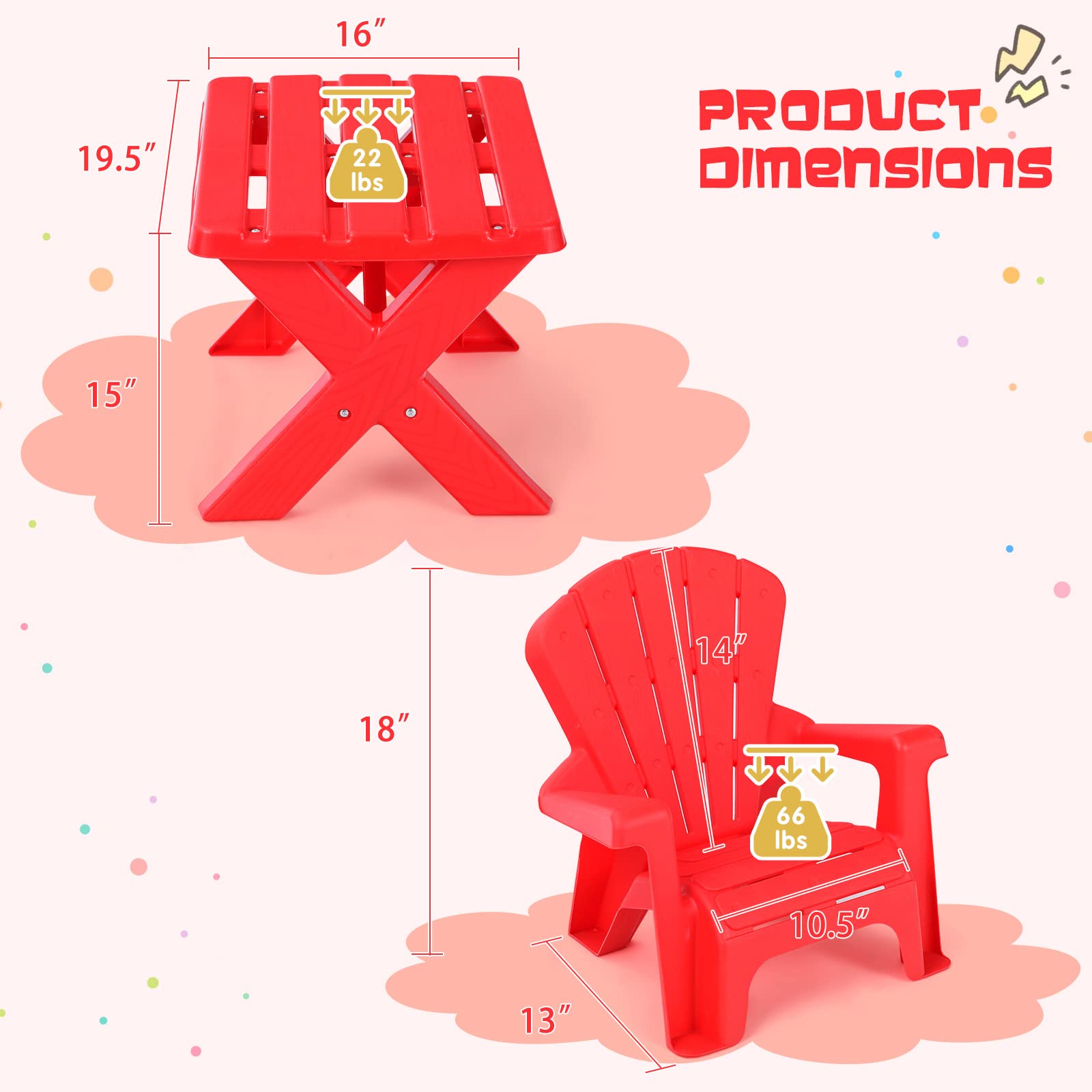 COSTWAY Kids Outdoor Table & Chair Set - 3-Piece Toddler Play Table with 2 Adirondack Chairs, Stackable Space-Saving Backyard Furniture for Beach, Garden & Lawn (Red) | Perfect for Outdoor Play, Picnics & Summer Activities