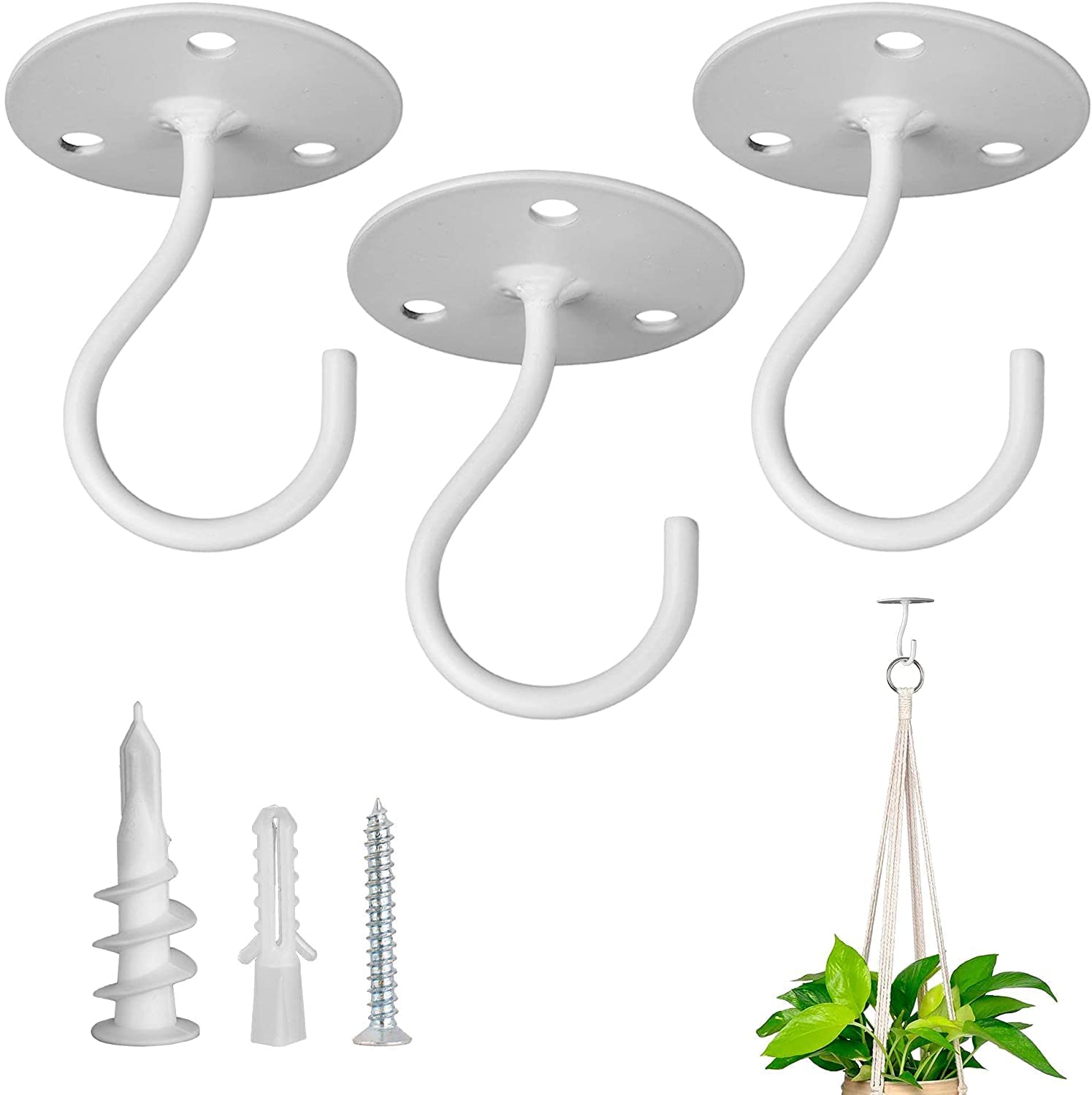 Heavy Duty Metal Ceiling Hooks for Hanging Plants - 3-Pack White Wall Mounted Hangers with Drywall Anchors for Bird Feeders, Planters, Wind Chimes - Perfect for Indoor/Outdoor Home & Garden Decor