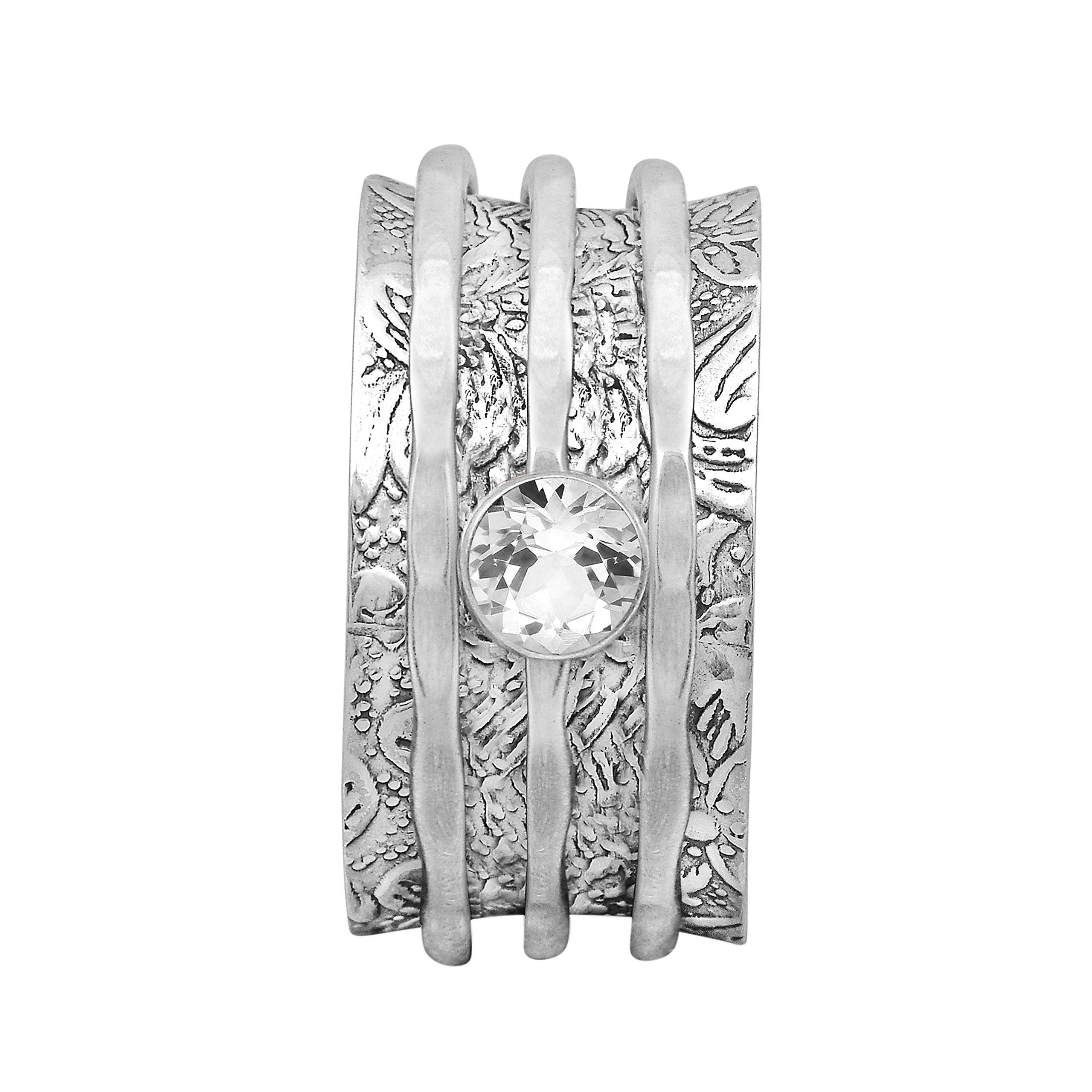 Shine Jewel Spinner Ring with White Topaz - 925 Sterling Silver Fidget Band for Anxiety & Stress Relief - Meditation Ring for Men & Women (Size 8) - Perfect for Office, Travel & Daily Relaxation