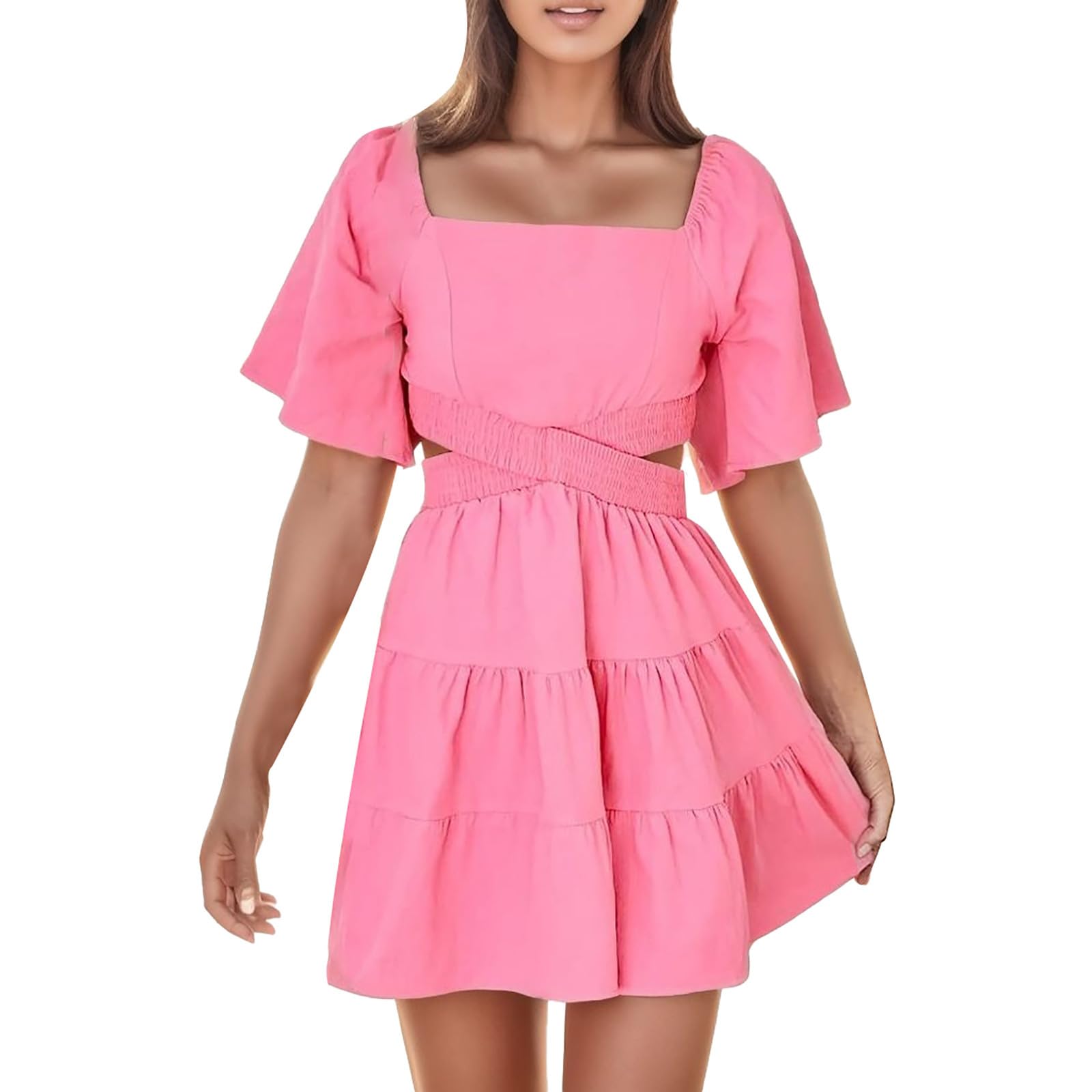 WMQPNNS Women's Summer Swing Dress - Solid Color Square Neck Hollow Back Knotted Flowy Dress for Beach, Party & Casual Wear