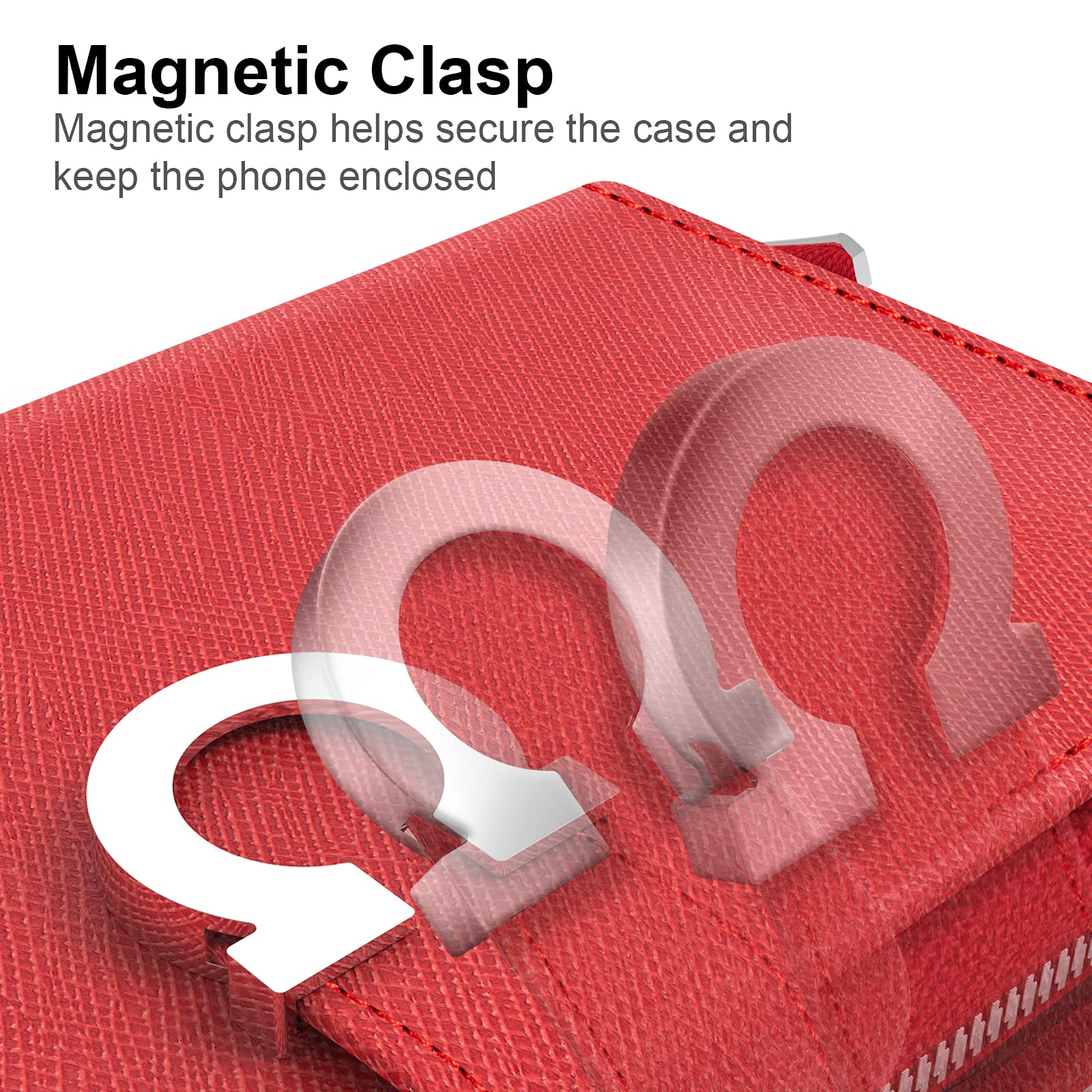 JUST4YOU iPhone 13 Wallet Case with Zipper & Strap - Premium PU Leather Flip Cover Folio with Card Holder (Red) - Perfect for Travel, Work & Everyday Protection