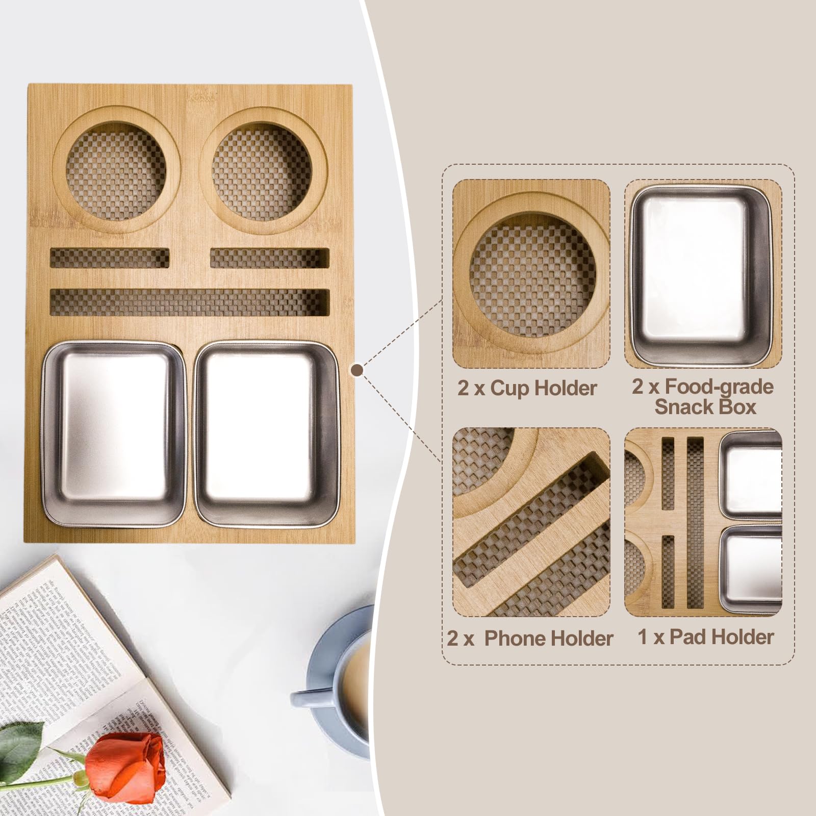 Bamboo Couch Cup Holder Tray with Removable Lid & Non-Slip Pad - Sofa Armrest Snack Table for Drinks, Food, Remote Control - Perfect for Movie Nights, Gaming & Relaxing on the Couch