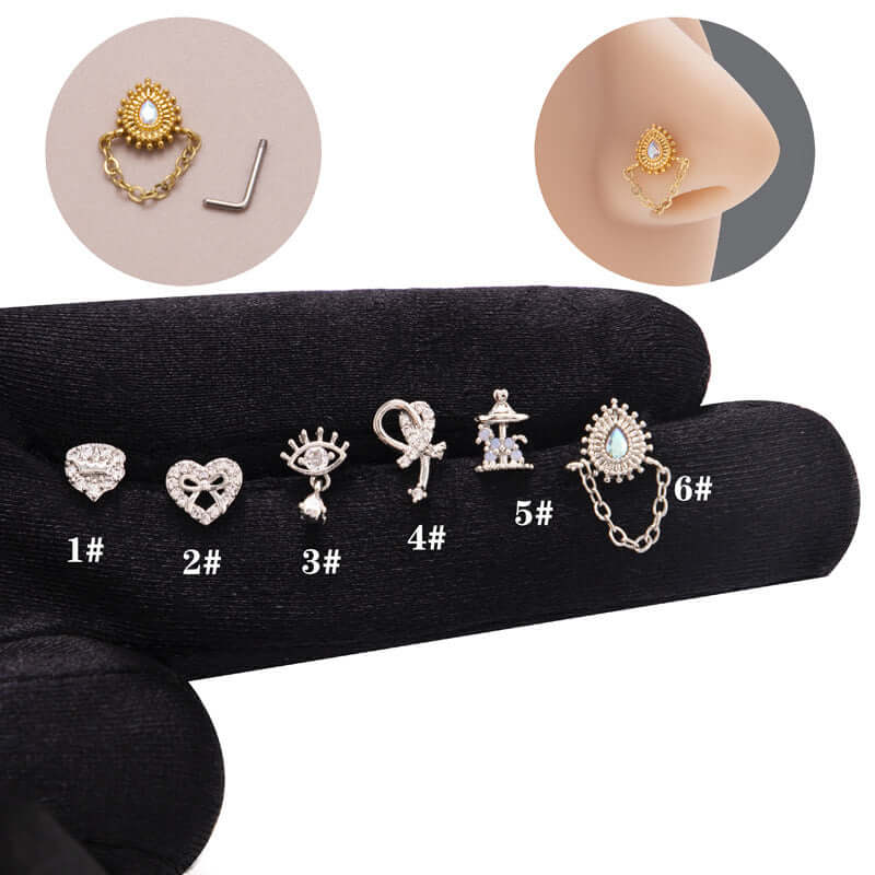 Hypoallergenic Surgical Steel Evil Eye L Bend Dangle Chain Nose Ring Piercing Jewelry | BJ620 | Perfect for Everyday Wear & Spiritual Protection