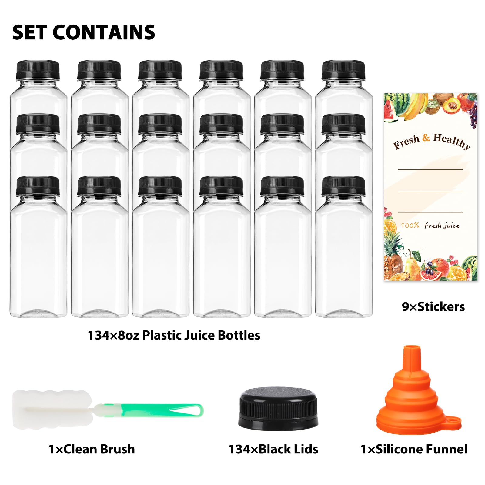 Moretoes 50-Pack 8oz Plastic Juice Bottles with Lids - Clear Reusable Beverage Containers for Juicing, Smoothies, Milkshakes, Tea & Drinks - Perfect for Home, Cafes, Juice Bars & Meal Prep