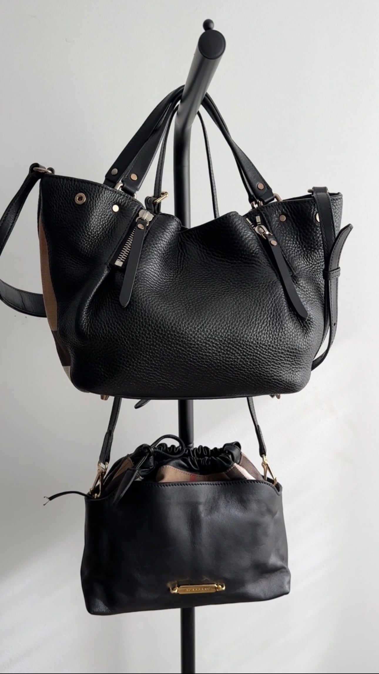 Burberry Black Grained Leather and Check Fabric Maidstone 2-Way Shoulder Bag for Women | Luxury Designer Handbag for Work, Travel & Everyday Use