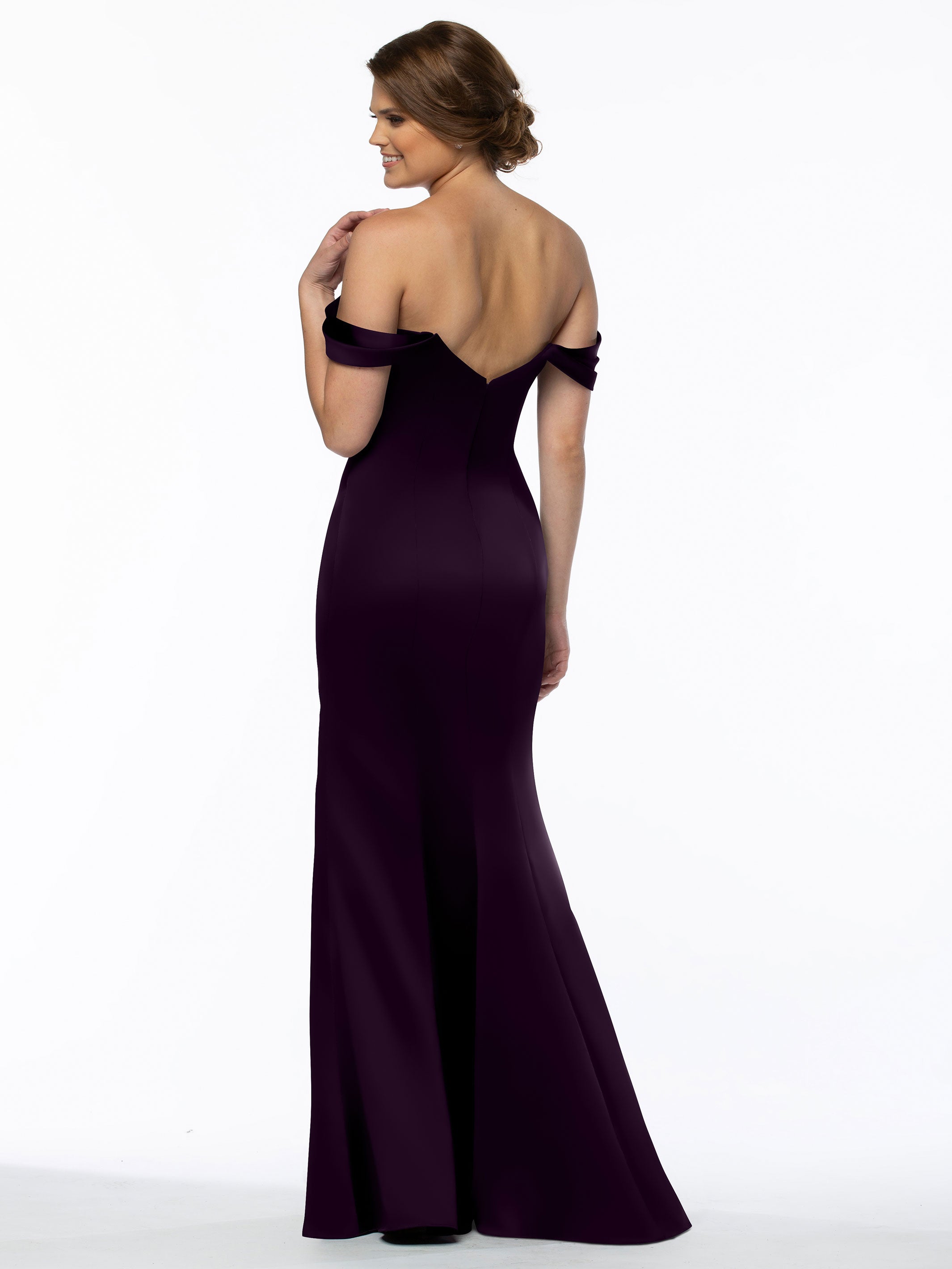 Elegant 80151 Fitted Satin Bridesmaid Dress with Off-The-Shoulder Sleeves - Perfect for Weddings, Formal Events & Special Occasions