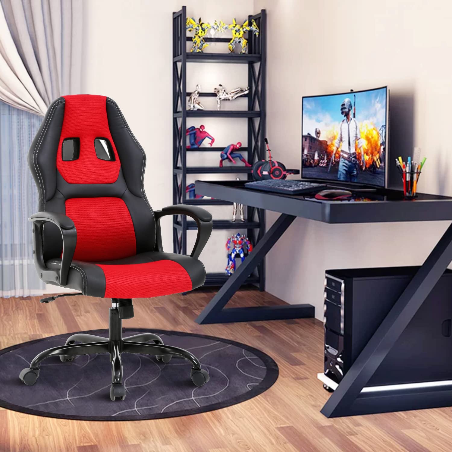 Ergonomic Office Chair with Lumbar Support - High Back Executive Desk Chair & Racing Style PC Gaming Chair - Breathable Mesh & Leather Swivel Task Chair for Adults (Red) - Perfect for Home Office, Gaming Setup, and Professional Workspaces