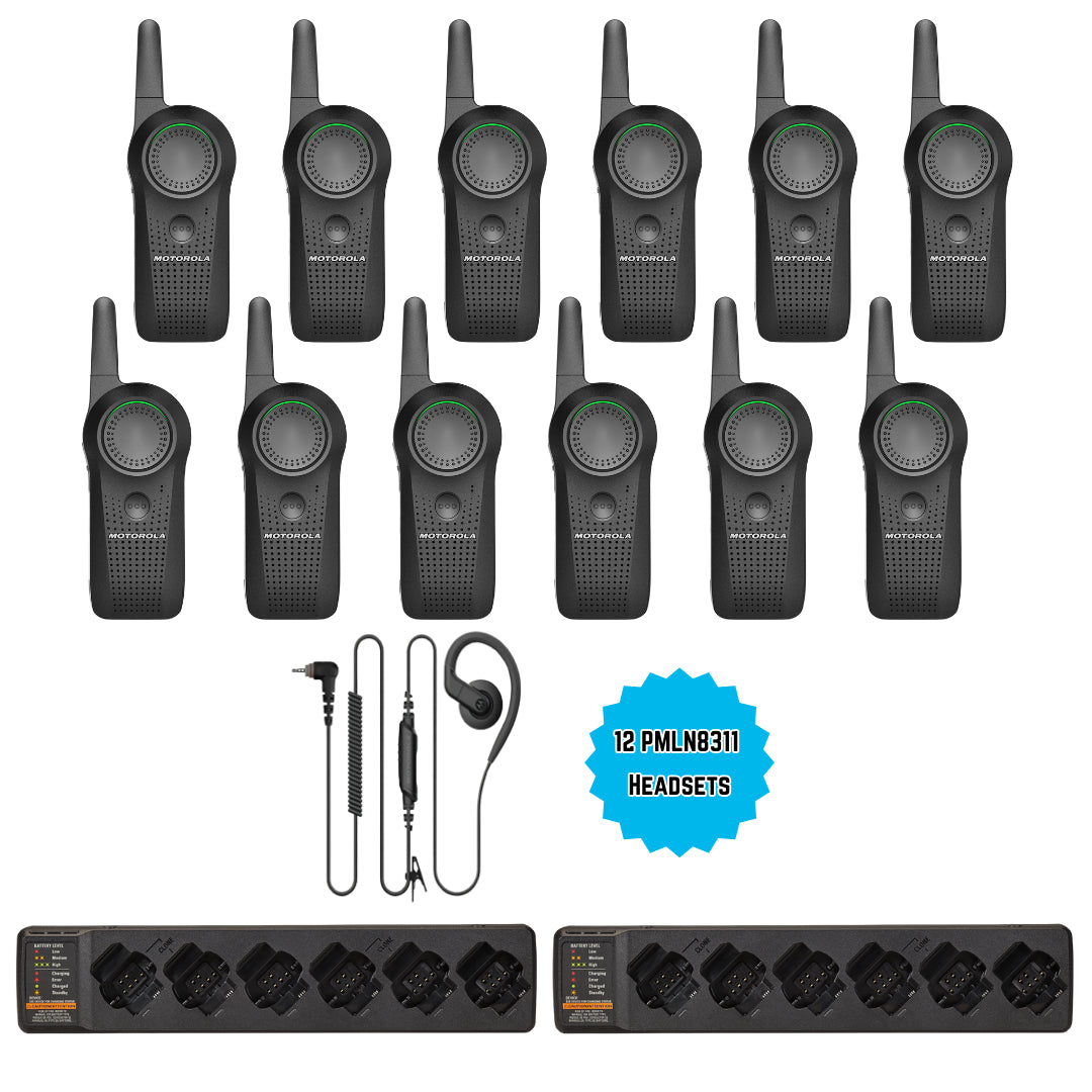 Motorola CURVE DLR110 12 Pack Two-Way Radio Bundle with 2 Multi-Unit Chargers & 12 Headsets - Perfect for Retail, Hospitality, and Event Staff Communication
