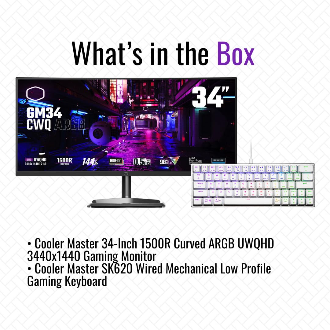Cooler Master 34-Inch 1500R Curved Gaming Monitor with UWQHD 3440x1440, ARGB Lighting & Wide Color Gamut - Includes SK620 Low Profile Mechanical Gaming Keyboard (Silver White) - Perfect for Immersive Gaming, Streaming & Productivity Work