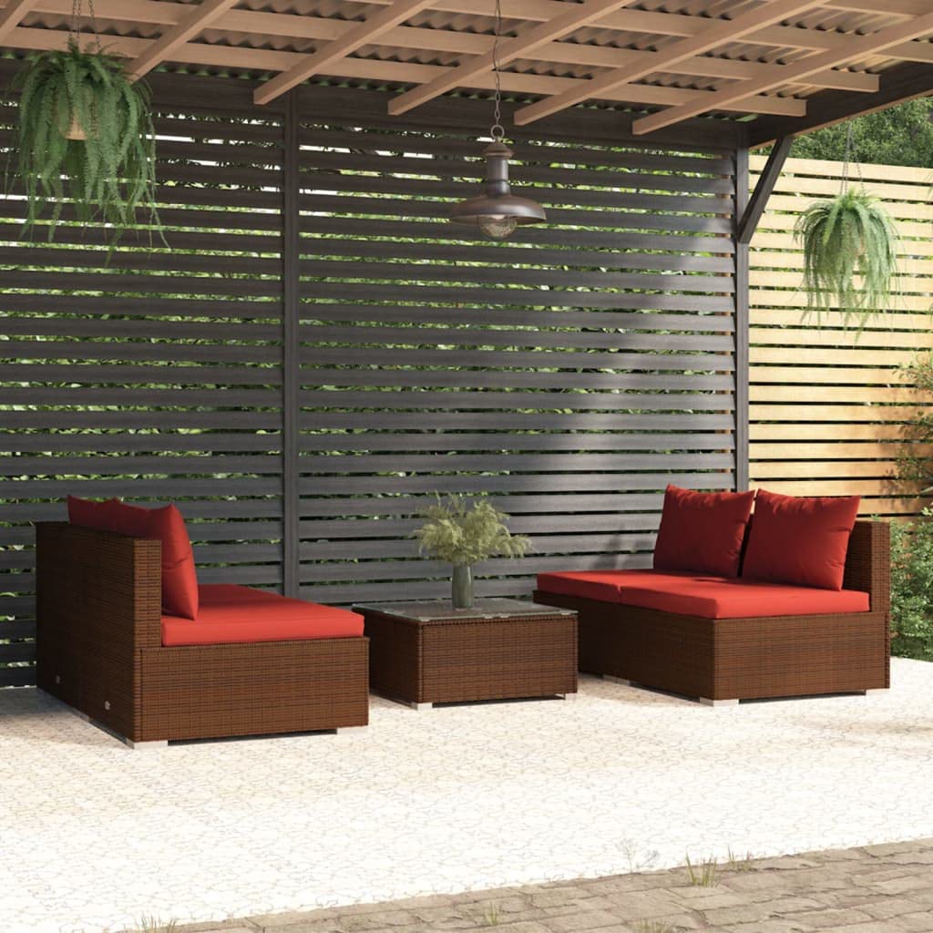 5-Piece Patio Lounge Set with Adjustable Arrangement - Durable Poly Rattan Outdoor Furniture with Powder-Coated Steel Frame & Cushions - Brown & Cinnamon Red - Perfect for Backyard, Garden, Poolside or Balcony Relaxation