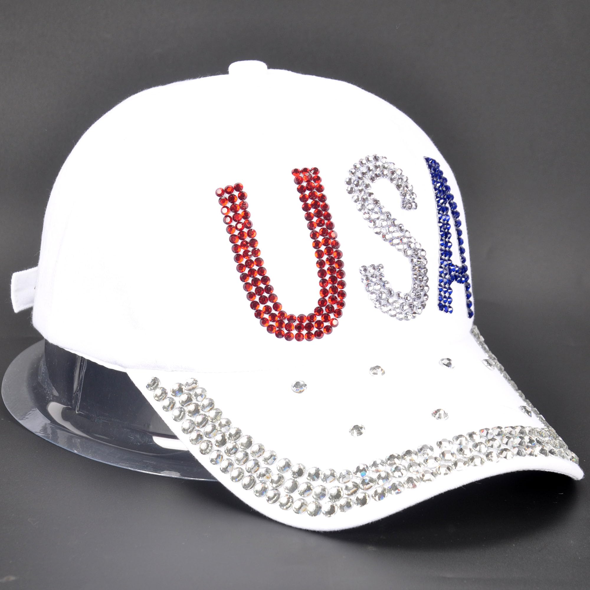 Sparkling Rhinestone Baseball Cap for Men & Women - Adjustable Denim Golf Hat with USA Design - Perfect for Casual Wear, Golfing & Outdoor Activities (White)