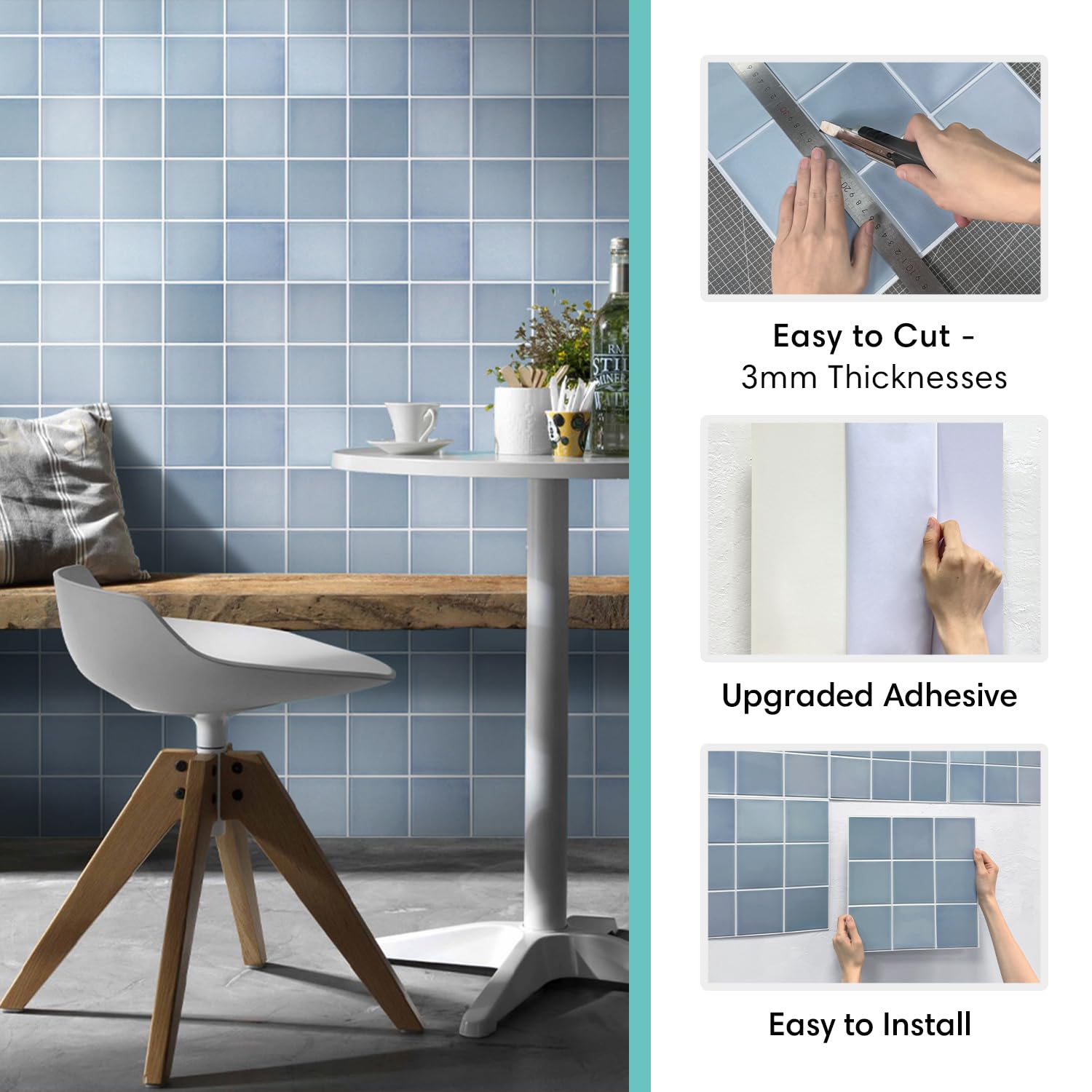 Commomy 10-Pack Matte Blue PVC Peel and Stick Wall Tiles 11.8x11.8 Inch - 3D Square Self-Adhesive Backsplash for Kitchen, Bathroom, Bedroom, Living Room & RV - Easy DIY Home Renovation, Waterproof Decorative Wall Panels