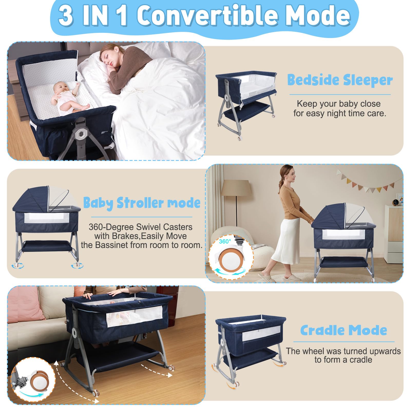 **Portable Baby Bassinet for Newborns – Adjustable Height Bedside Crib with Storage Basket & 4 Auto-Lock Wheels – Safe & Comfortable Infant Sleeper for Nursery, Travel & Co-Sleeping (Navy Blue)**