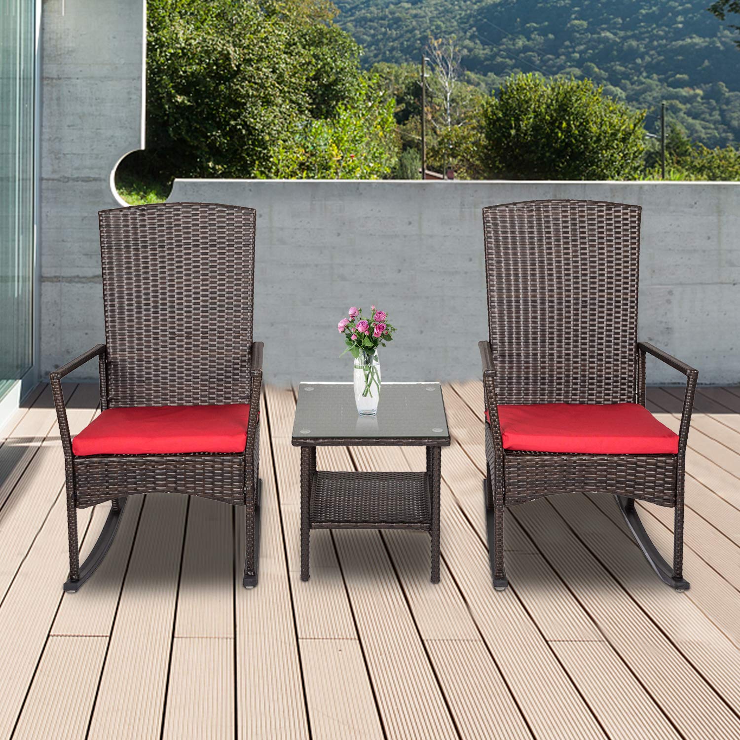 Kinbor Outdoor Rocking Bistro Set - 2 Rattan Rocking Chairs with Glass Coffee Table for Patio, Balcony, Porch (Red) - Perfect for Relaxing, Entertaining & Enjoying Coffee in Your Garden or Backyard