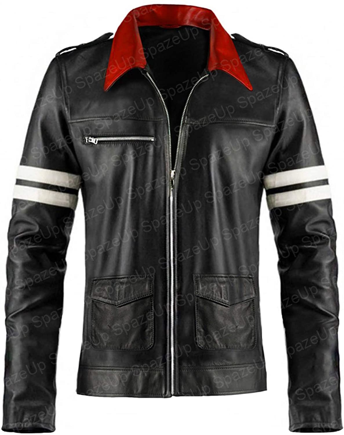 SpazeUp Men's Black Leather Jacket with Dragon Patch - Stylish Biker Jacket for Halloween, Gaming, Cosplay & Casual Wear