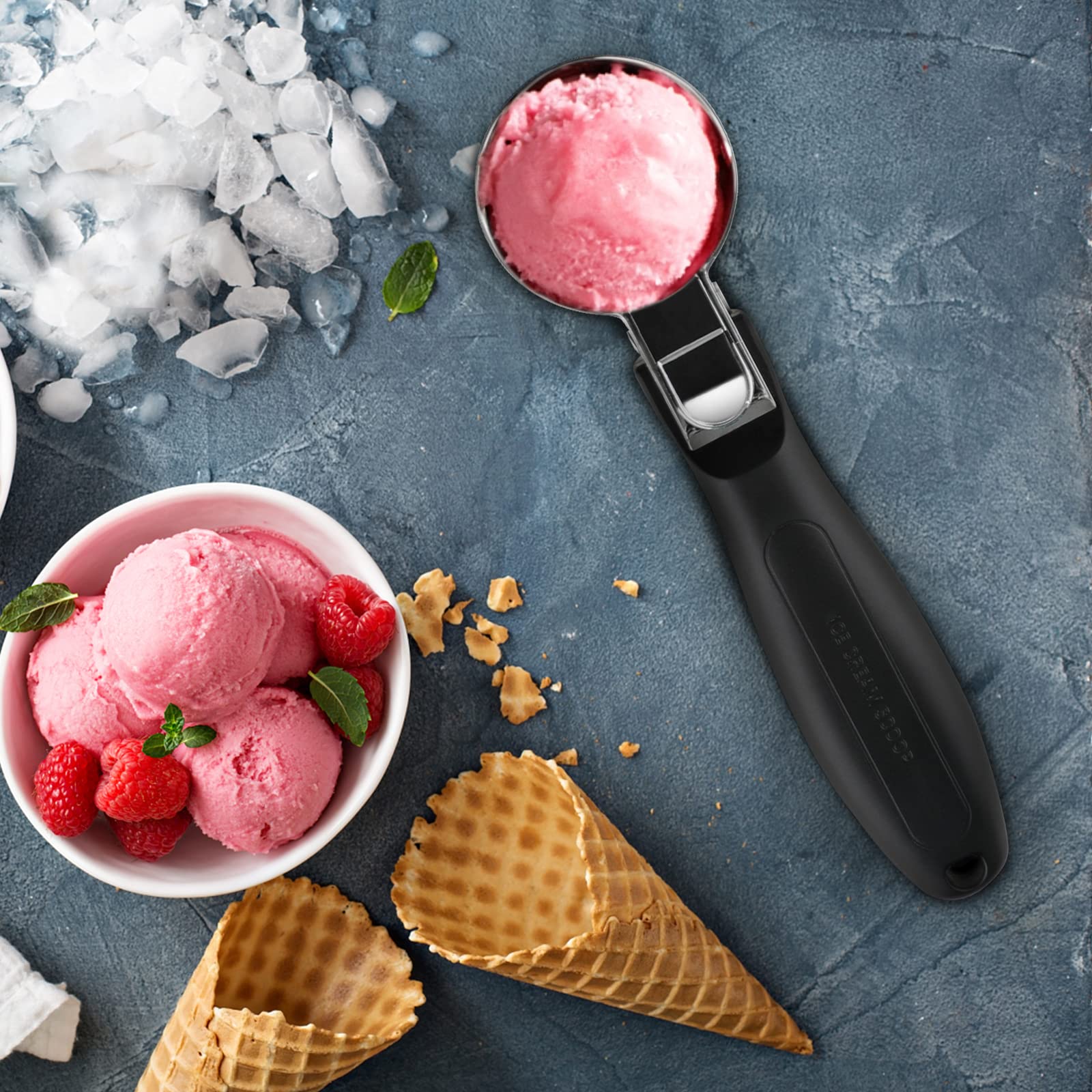 Premium Ice Cream Scoop & Cookie Dough Scooper - Heavy Duty Stainless Steel with Ergonomic Soft Grip Handle - Perfect for Baking, Ice Cream Parlors, Home Kitchens (Black) - Ideal for Scooping Ice Cream, Cookie Dough, Cupcakes, Protein Balls & Meatballs