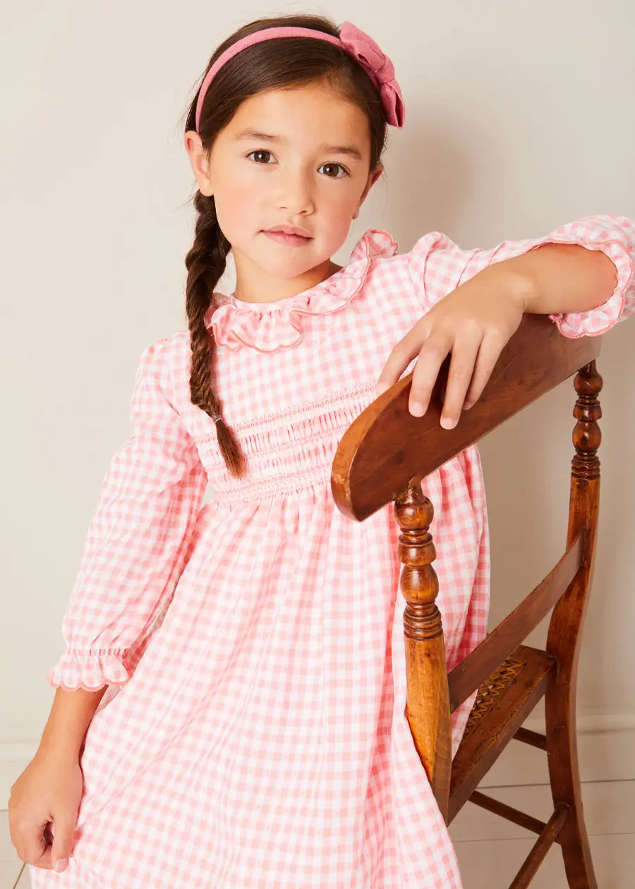 Gingham Smocked Ruffle Collar Long Sleeve Dress for Girls (12 Months - 10 Years) | Coral Floral Print | Perfect for Spring Photoshoots, Easter & Birthday Parties