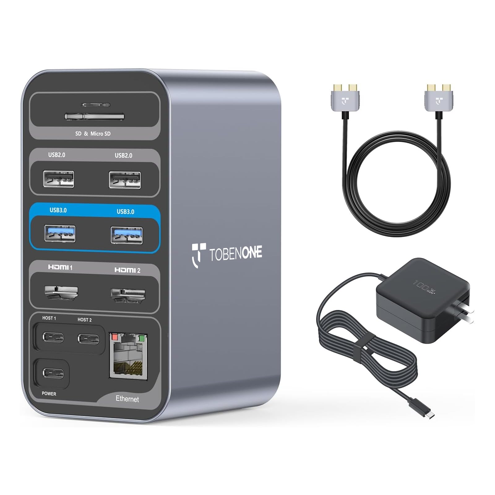 TobenONE Dual Monitor Docking Station with 100W GaN III Charger - USB C Hub for MacBook Pro/Air, 2x 4K HDMI, 7 USB Ports, SD/Micro SD, Gigabit Ethernet, 87W PD, Audio Jack - Perfect for Home Office & Remote Work Setup