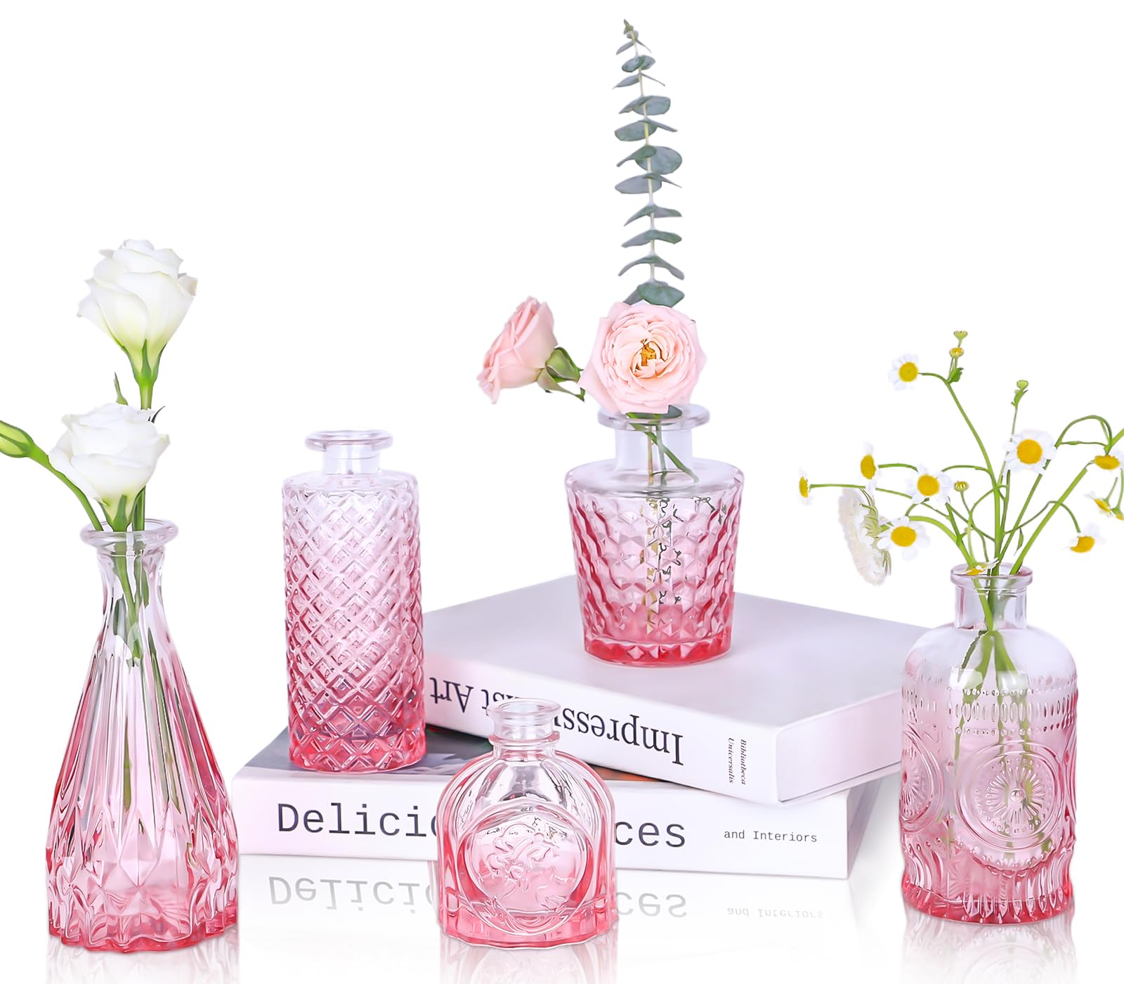Pink Glass Bud Vases Set of 5 - Mini Flower Vases for Wedding Centerpieces, Bulk Clear Table Vases for Home Decor, Vintage Small Vases for Dining Table, Party & Event Decorations
