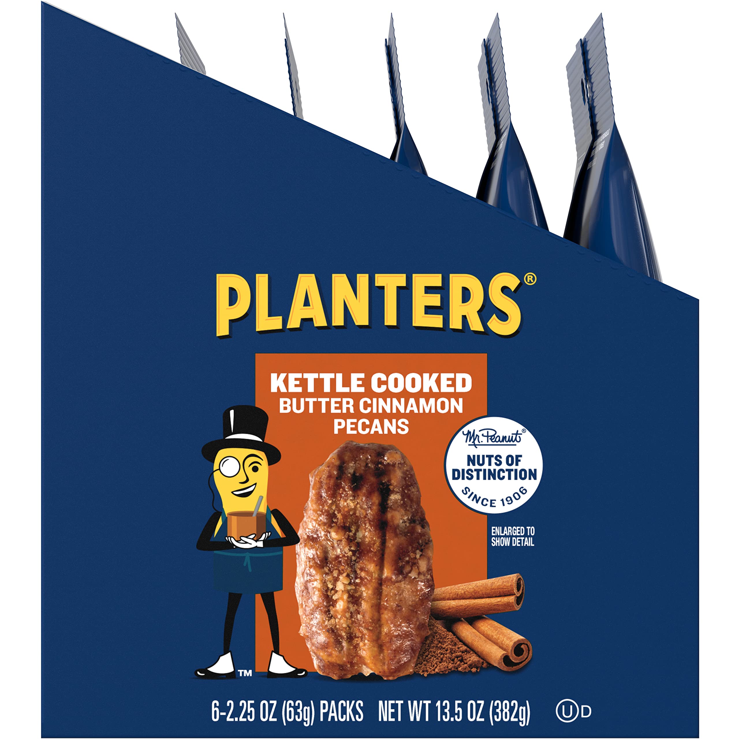 PLANTERS Kettle Cooked Butter Cinnamon Pecans 2.25 oz (6-Pack) | Crunchy Snack for Parties, Gifts & Healthy On-the-Go Treats