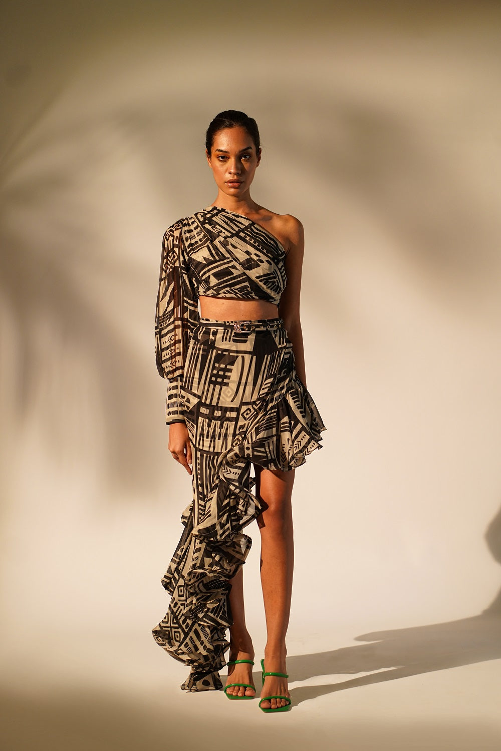 White Abstract Print One Shoulder Top for Women - Trendy Summer Beach Party & Night Out Blouse