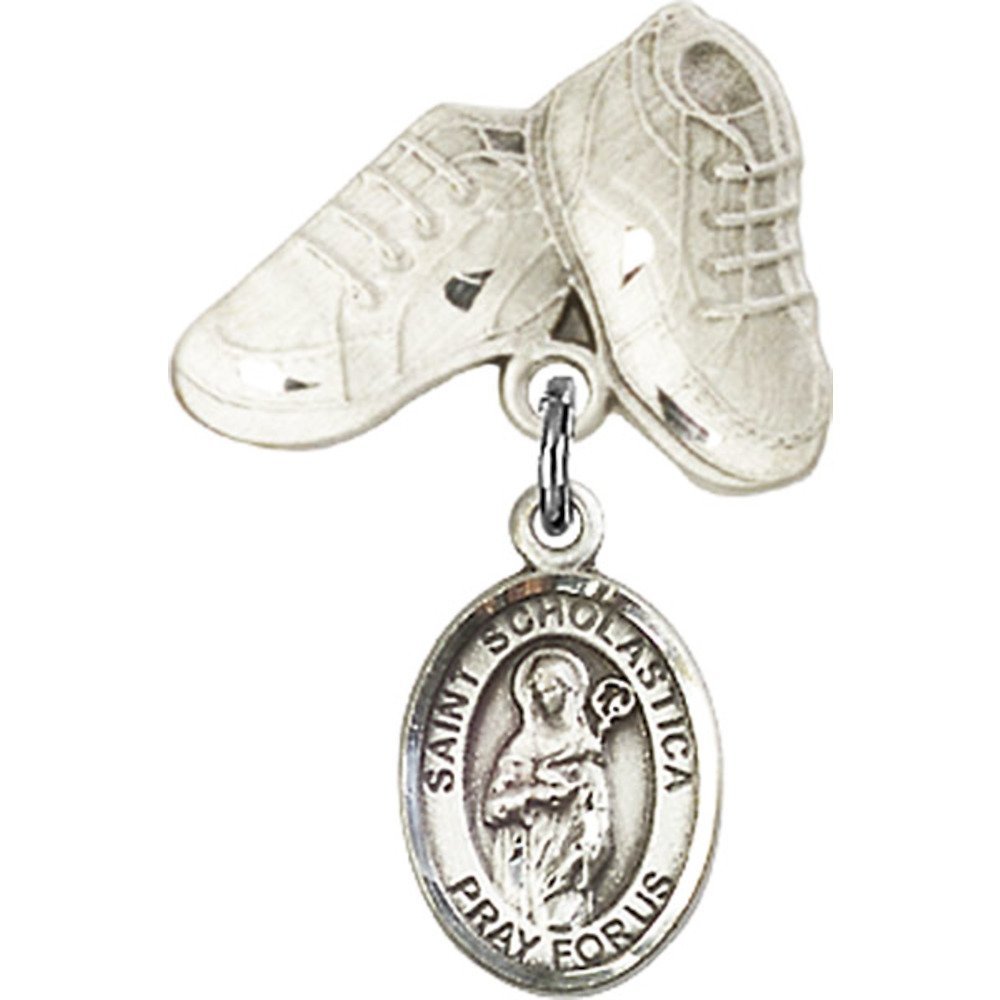 Sterling Silver Baby Badge with St. Scholastica Charm & Baby Boots Pin - 1 X 5/8 Inch Elegant Keepsake for Christening, Baptism & Newborn Gifts - Perfect for Baby Showers, First Communion & Memory Jewelry