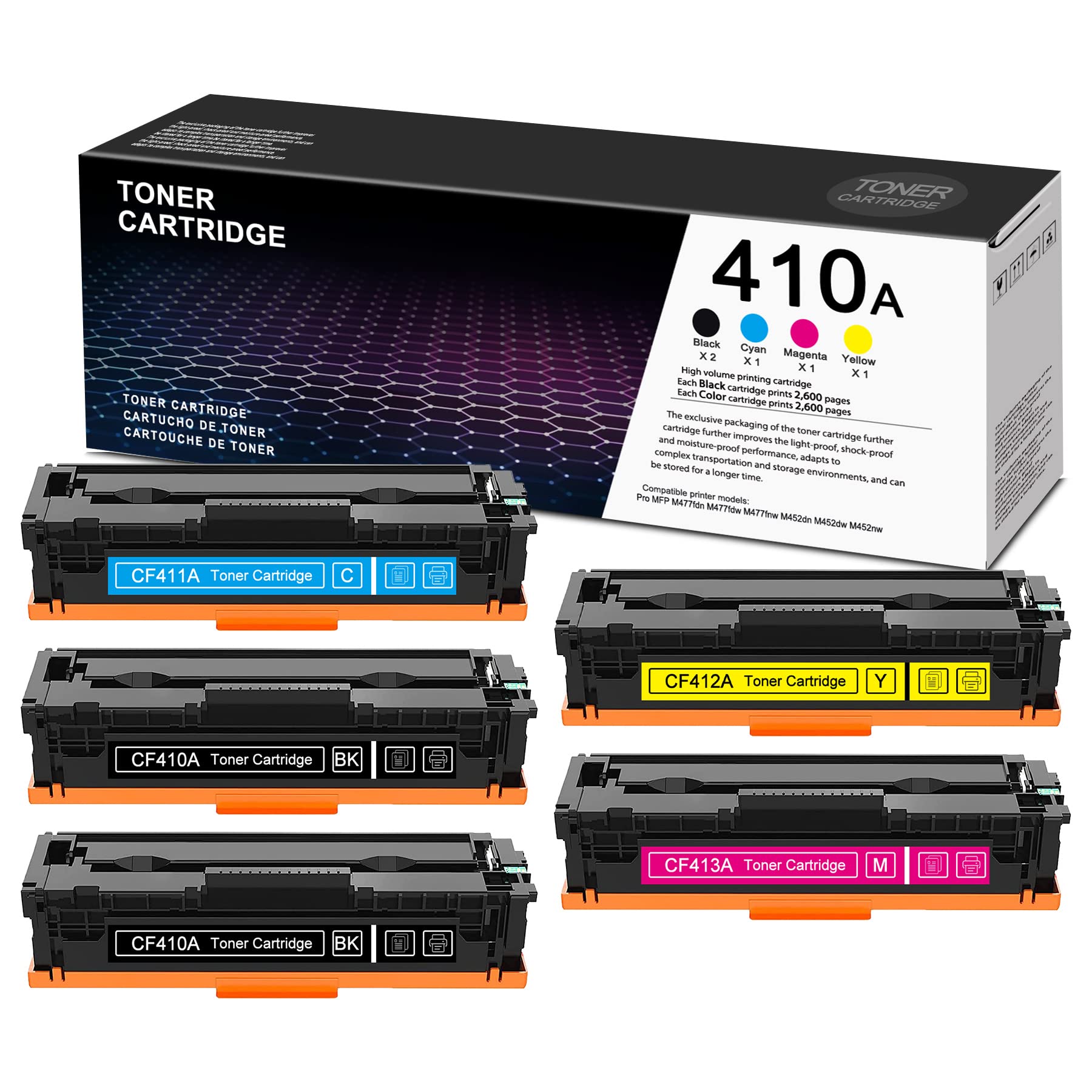 ONWARD 5-Pack High Yield Toner Cartridge Set (2BK/1C/1M/1Y) - Replacement for HP Pro MFP M477fdw M477fdn M477fnw M452dn M452dw M452nw Printers - Compatible with CF410A CF411A CF412A CF413A Models - Perfect for Office & Home Printing Needs