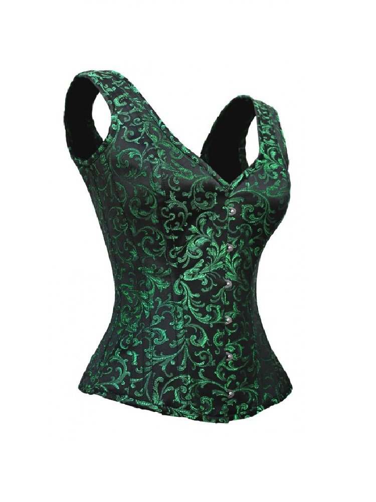 Gothic Black and Green Brocade Overbust Corset with Shoulder Straps - Waist Cincher for Burlesque, Steampunk, Cosplay & Evening Wear
