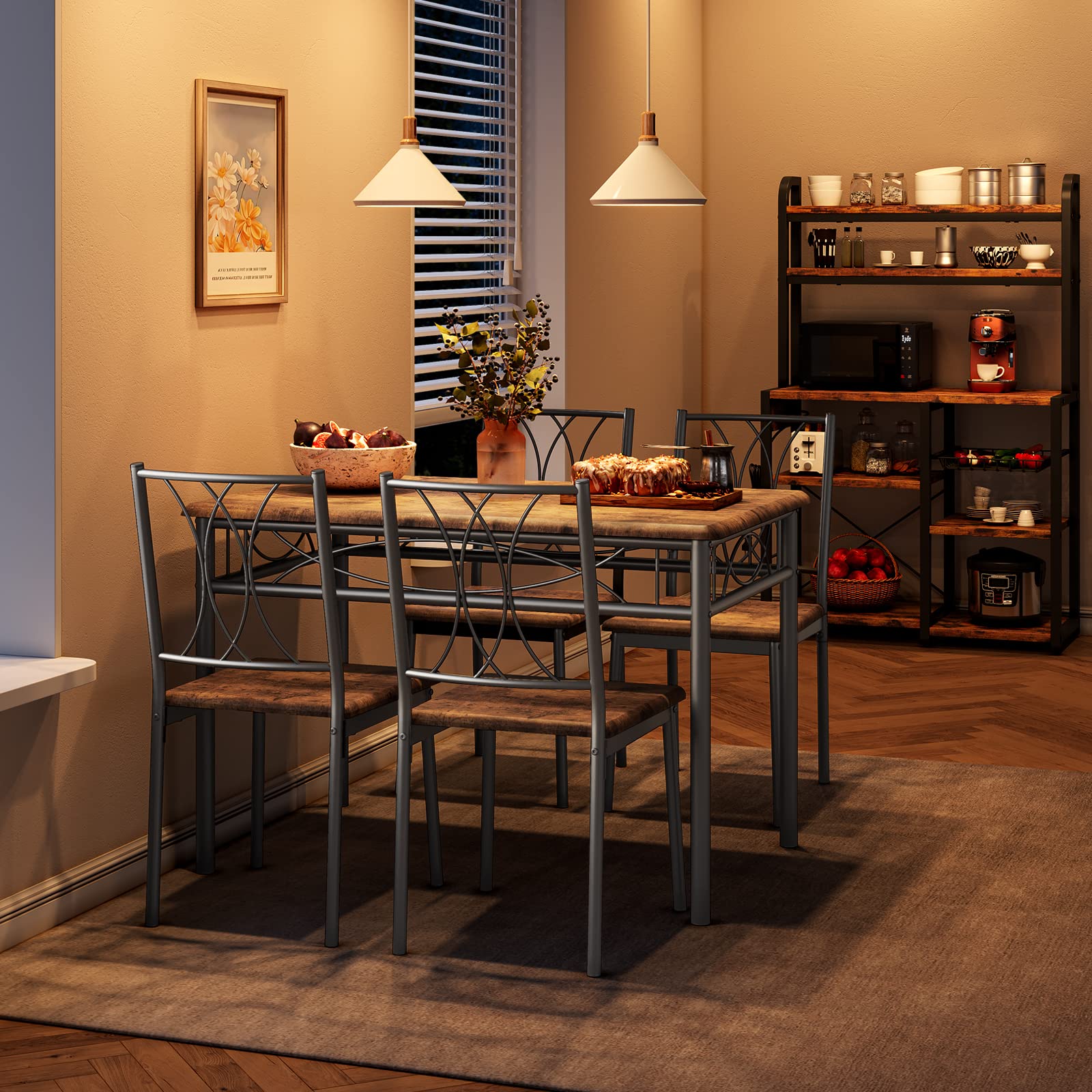 CABIHOME 4-Piece Retro Brown Dining Table Set with 4 Chairs - Compact Rectangular Kitchen Table for Small Spaces, Apartments & Dining Rooms | Perfect for Breakfast Nooks, Cozy Meals & Entertaining Guests
