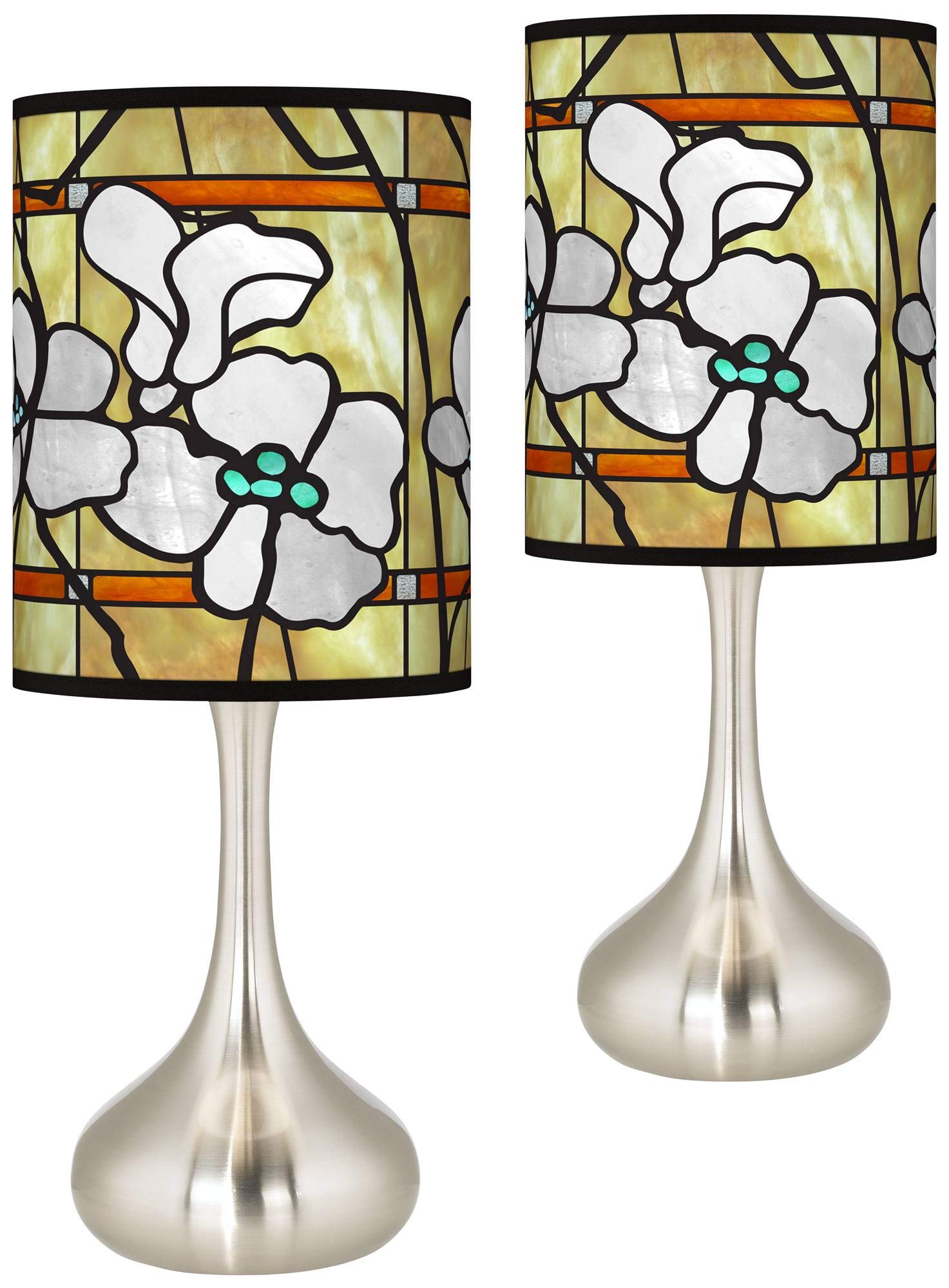 Set of 2 Droplet Accent Table Lamps with Magnolia Mosaic Printed Shades - Modern Home Decor for Bedroom, Living Room & Office Lighting