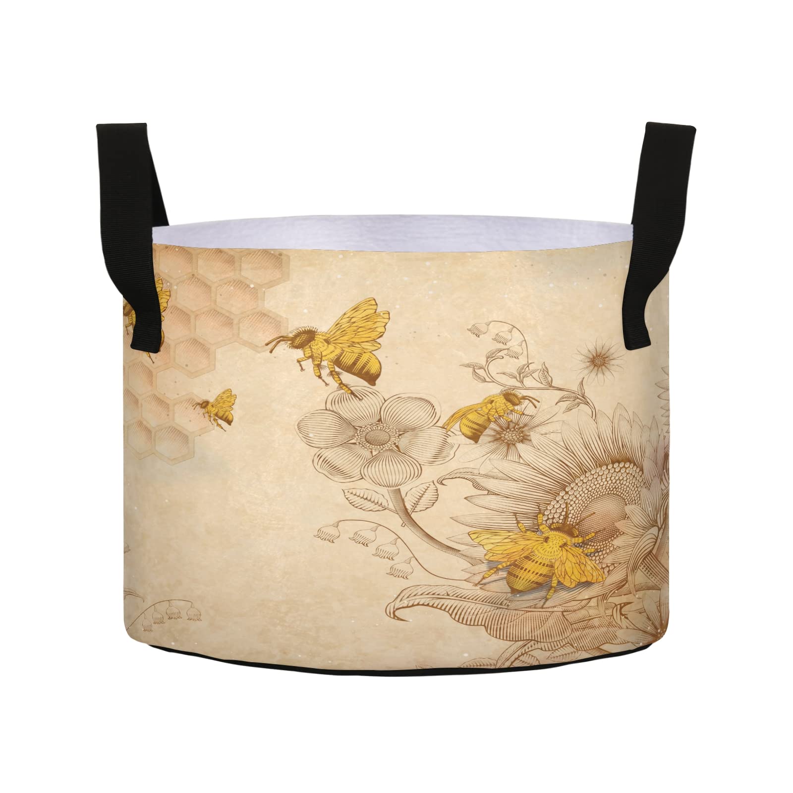 5 Gallon Grow Bags - Retro Hand Drawn Honey Bees & Sunflowers Design with Durable Handle - Breathable Fabric Plant Pots for Vegetables (Potato, Tomato, Carrot, Onion) & Flowers - Perfect for Gardening, Indoor/Outdoor Planting & Urban Farming
