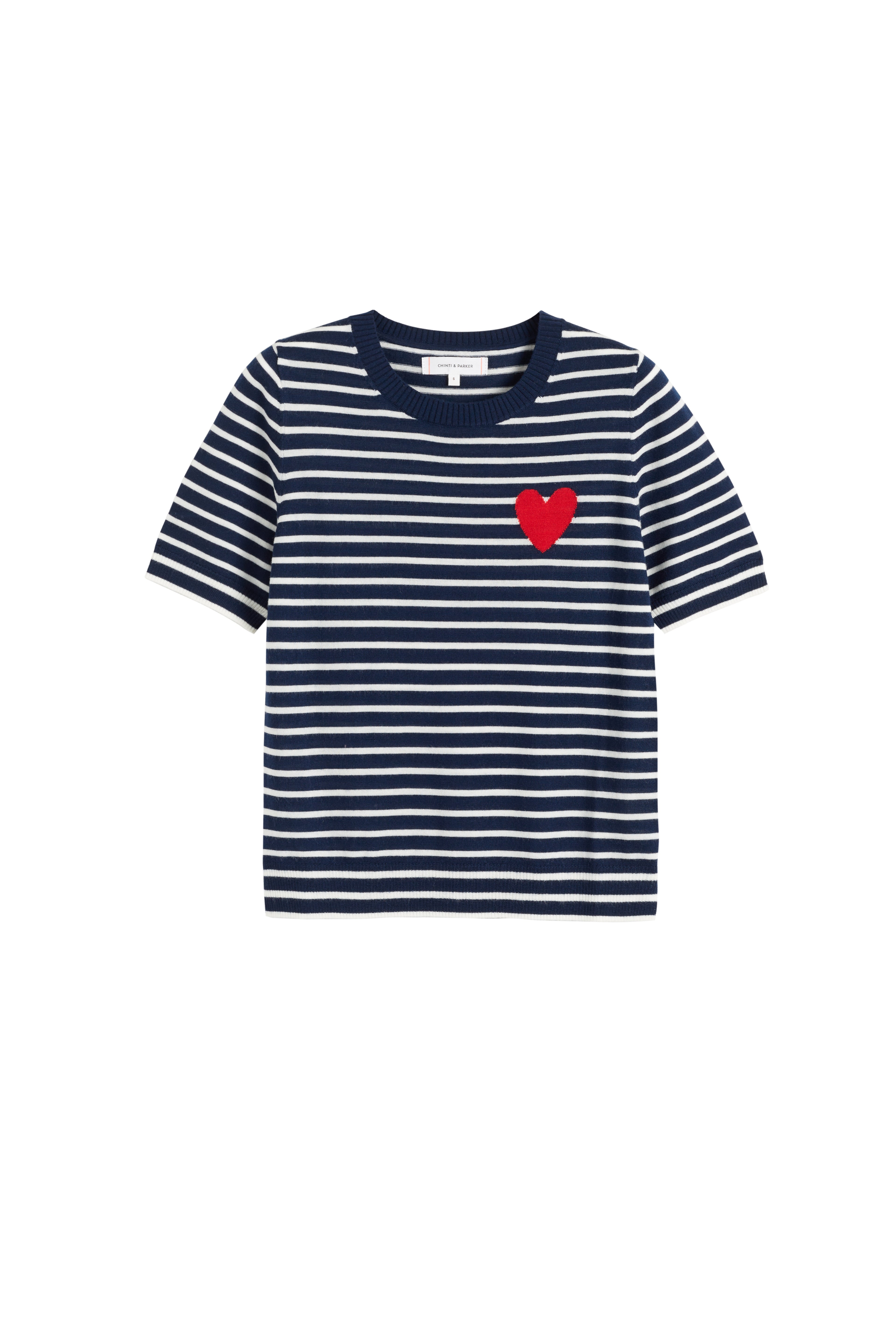 Navy Blue Merino Wool Heart Print Breton Stripe T-Shirt for Women - Soft & Comfortable Casual Wear for Everyday Outfits