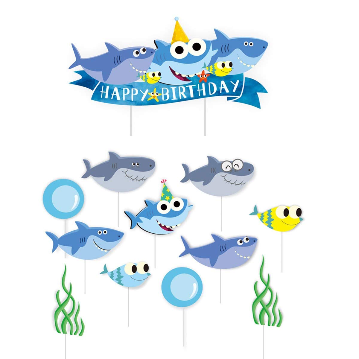 Shark Birthday Cake Topper - Blue Shark Cupcake Toppers for Kids Birthday Party Decorations, Shark Theme Party Supplies for Ocean Underwater Baby Shower Decor