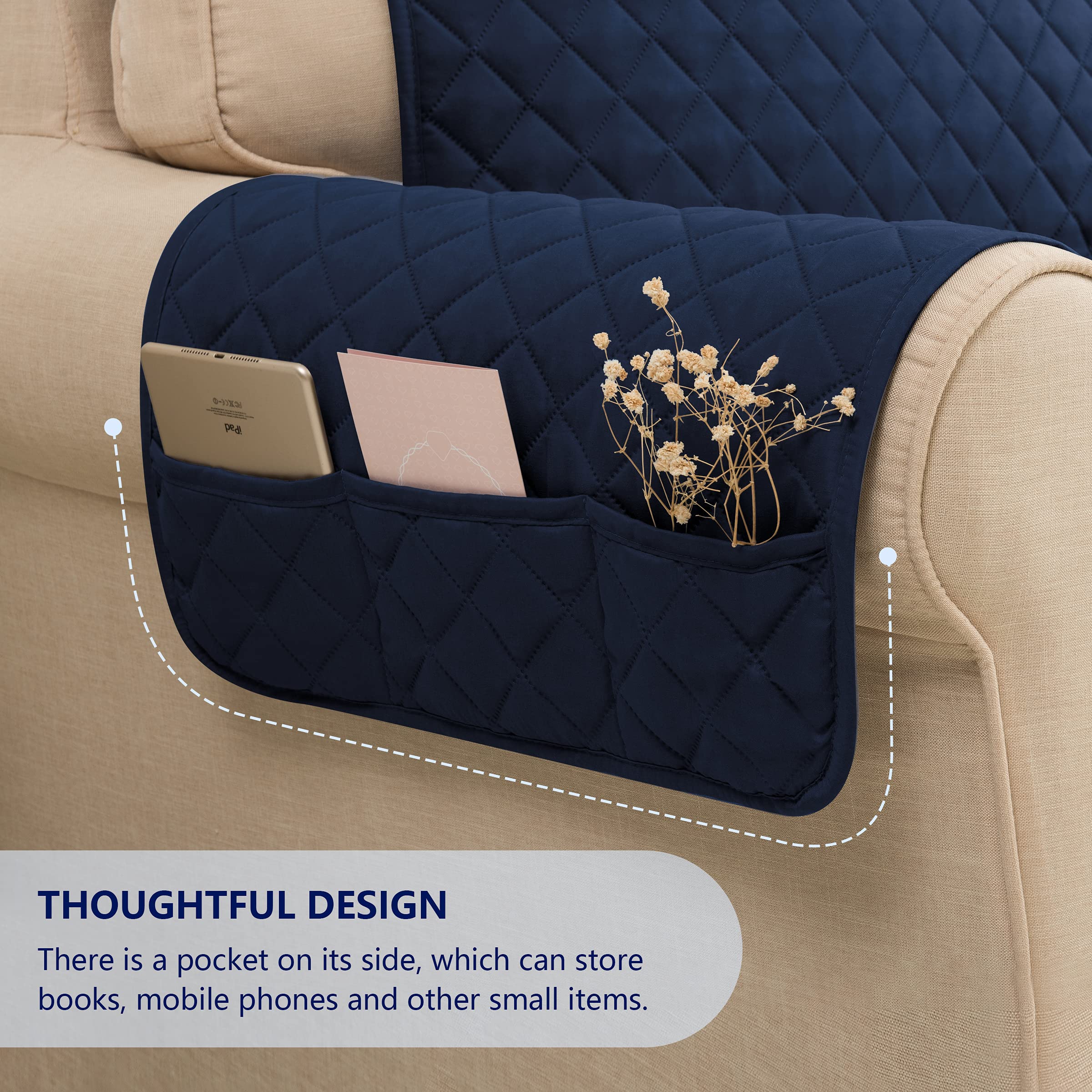 Subrtex Reversible Sofa Cover Slipcover with Elastic Straps & Side Pockets - Washable Furniture Protector for Pets & Kids - XL Size Navy Blue - Perfect for Living Room, Family Room & Pet-Friendly Homes