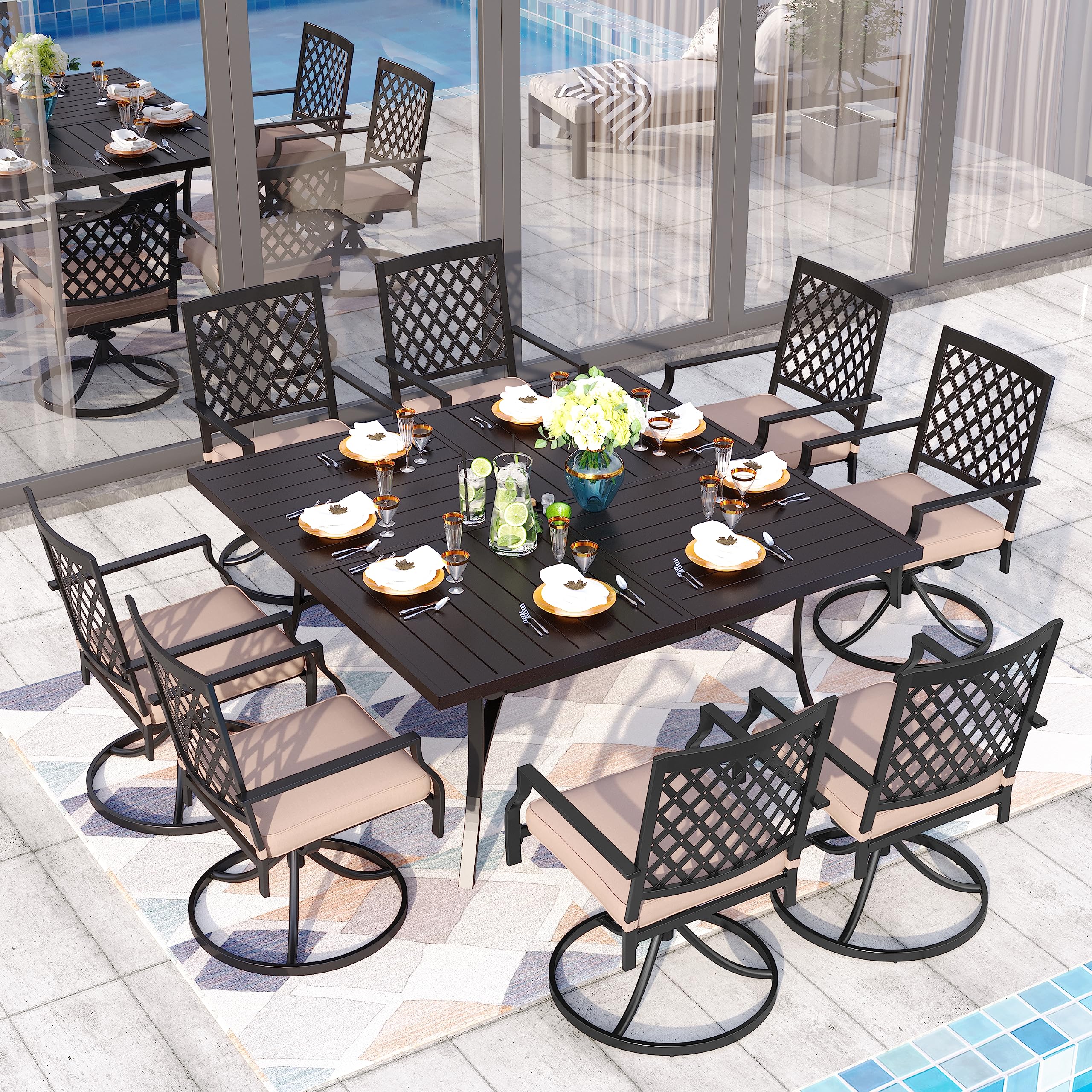 Sophia & William 9-Piece Outdoor Dining Set - Large Square Patio Table with 8 Swivel Rocking Chairs & Cushions - Black Metal Garden Furniture for Backyard, Bistro, Poolside & Outdoor Entertaining
