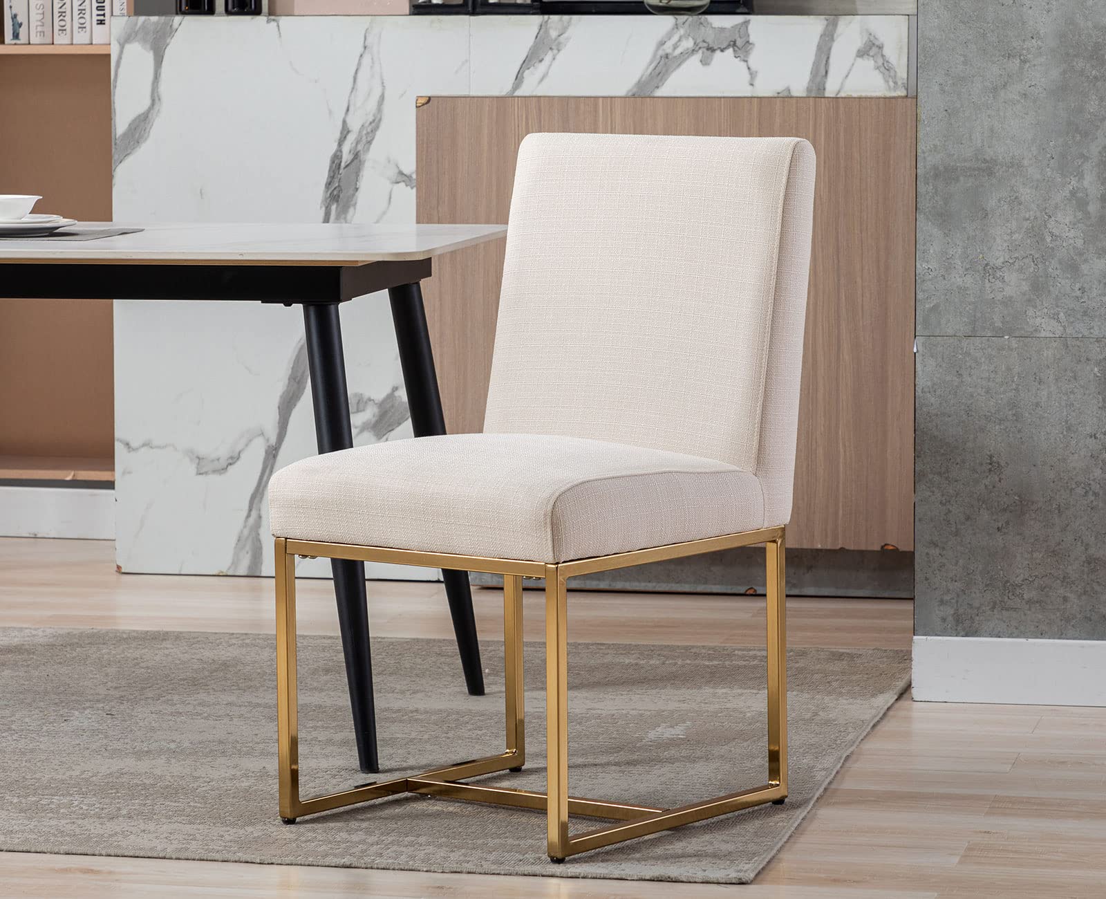 Shunzhi Mid Century Modern Upholstered Dining Chairs Set of 2 - Gold Metal Legs, Linen Fabric Armless Side Chairs for Dining Room, Living Room & Bedroom - Cream Comfortable Seating for Home Decor