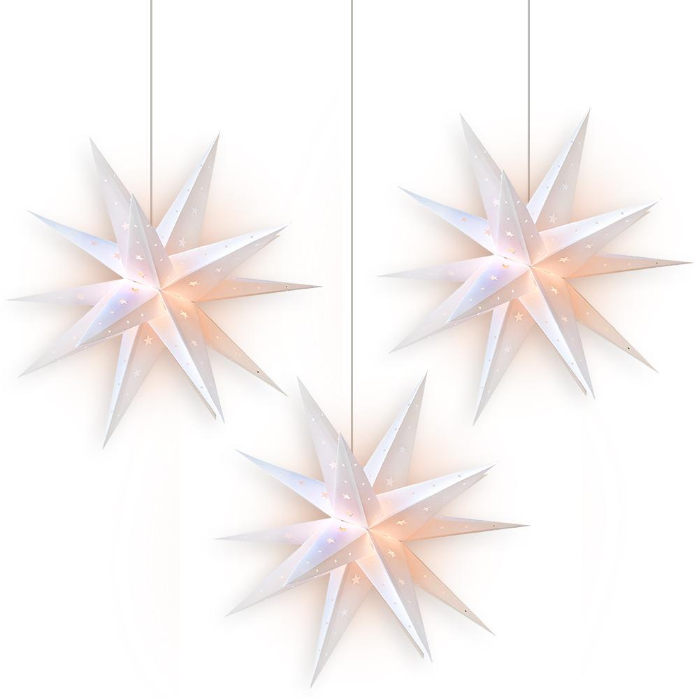 3 Pack 23 Inch White Moravian Star Lantern - Weatherproof Outdoor Plastic Christmas Decoration with LED Bulbs & Cord - Perfect for Porch, Garden, Patio Holiday Lighting