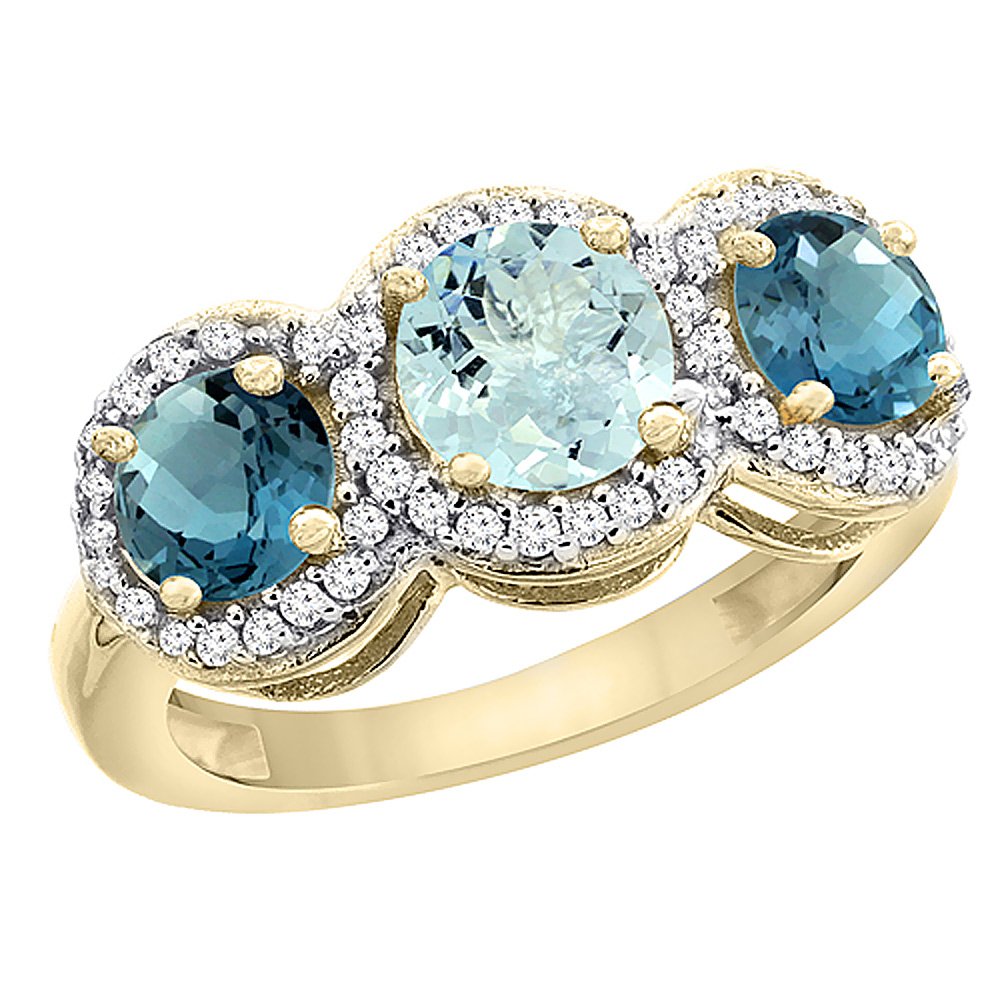 14K Yellow Gold Natural Aquamarine & London Blue Topaz Three-Stone Ring with Diamond Accents - Size 5-10 | Elegant Birthstone Jewelry for Women, Perfect Gift for Anniversary, Engagement & Special Occasions