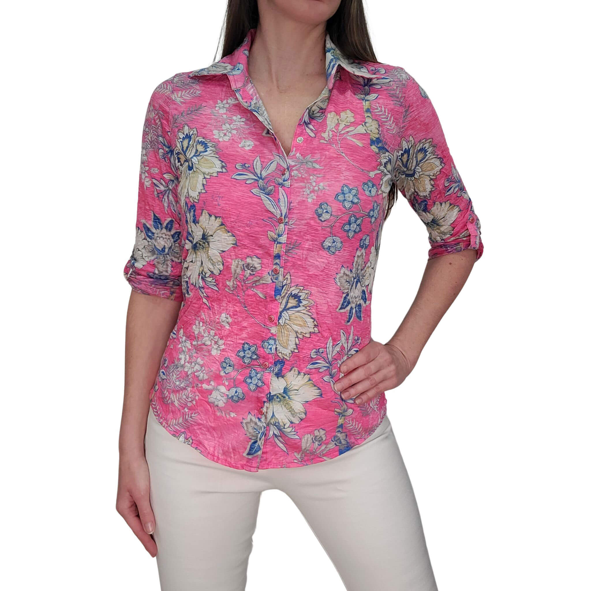 David Cline Women's Roll Up Sleeve Blouse - Azalea Floral Print Casual Shirt for Spring/Summer, Perfect for Office, Date Night & Weekend Outings