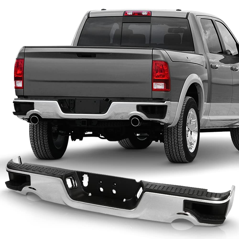 ACANII Chrome Rear Bumper Complete Assembly for 2009-2018 Dodge Ram 1500 - Dual Exhaust Compatible, No Sensor Holes, Corner Step Design | Perfect for Truck Upgrades, Off-Road Adventures & Enhanced Vehicle Protection