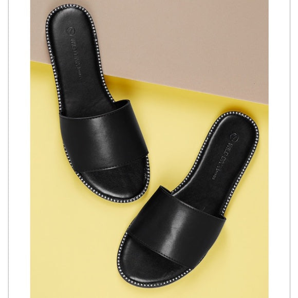 Blair Rhinestone Trim Slides for Women - Black Glitter Sandals for Summer, Beach, and Casual Outfits
