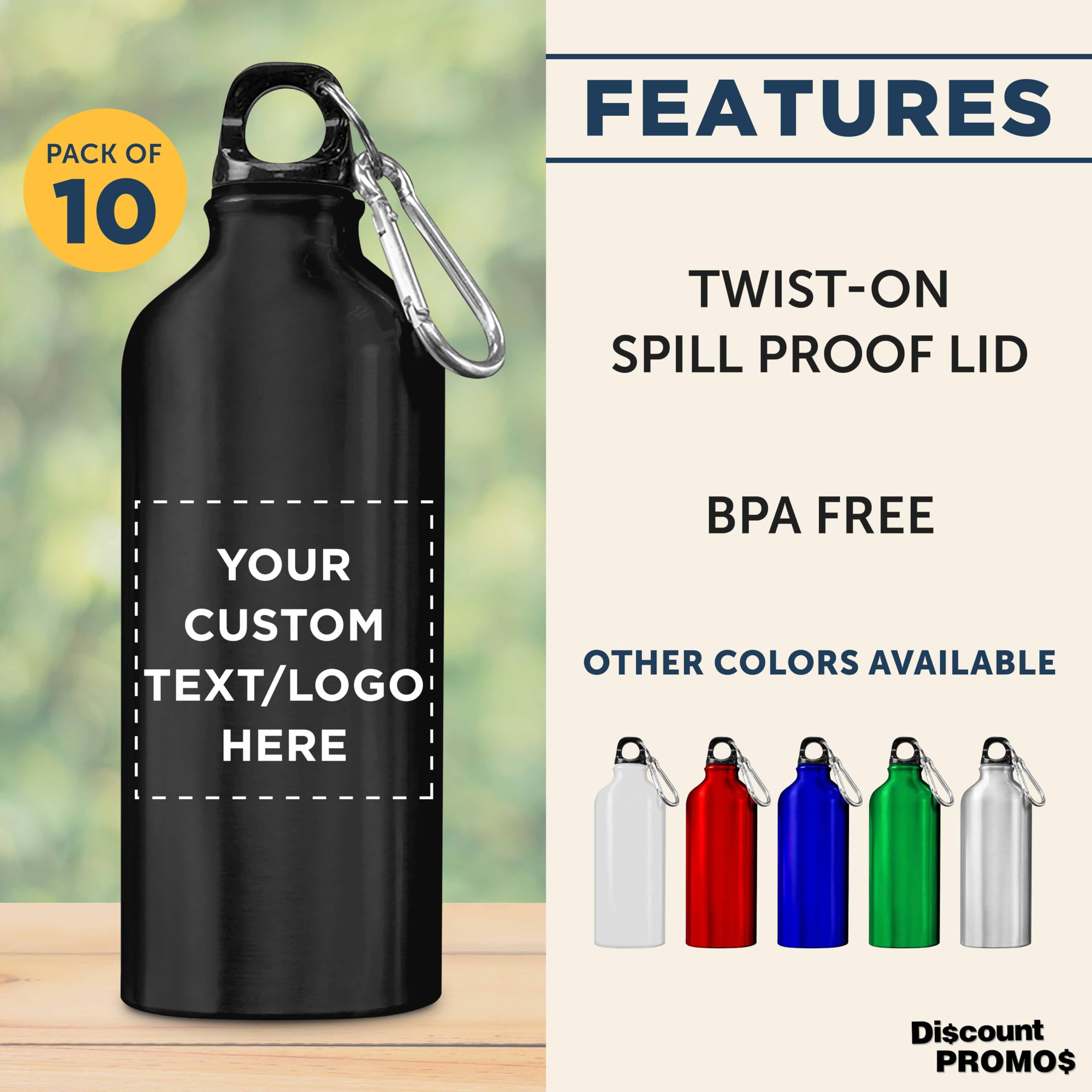 Custom 20 oz Aluminum Water Bottles Bulk Pack of 10 - Personalized Gym & Hiking Bottles for Sports, Camping, Office & Outdoor Activities - Black (BPA-Free Eco-Friendly)