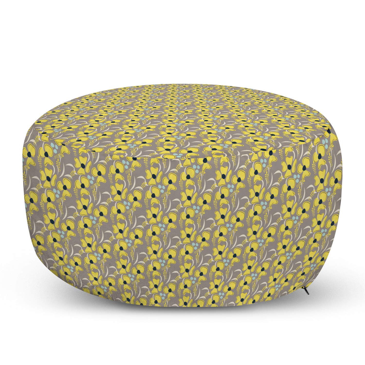 Ambesonne Taupe Ottoman Pouf - Romantic Meadow Floral Design, Soft Foot Rest with Removable Cover for Living Room & Bedroom - Indigo Yellow Taupe - Perfect for Home Decor, Relaxation & Extra Seating