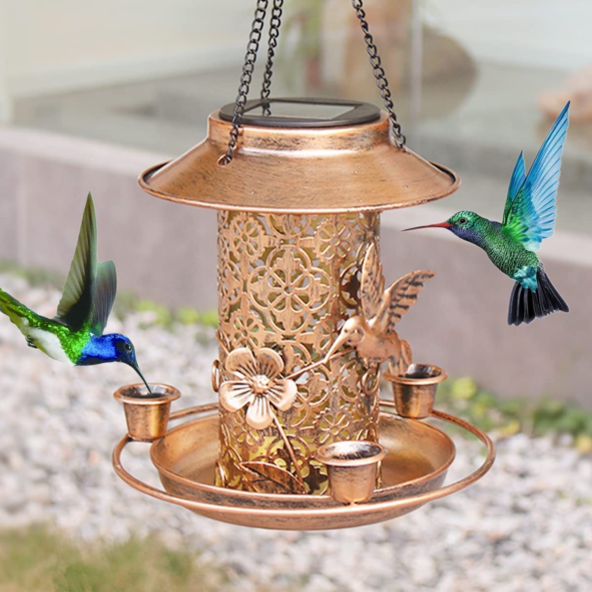 Solar Powered LED Bird Feeder - Waterproof Metal Hanging Hummingbird Feeder for Outdoor Garden, Patio & Yard - Gold Wild Bird House Gift for Bird Lovers | Eco-Friendly Garden Decor & Wildlife Attraction | Perfect for Nighttime Bird Watching, Backyard Decoration & Nature Photography | Ideal for Gardens, Patios, Balconies, Wildlife Observation Areas & Outdoor Entertaining Spaces | Great for Relaxing Evenings, Bird Photography, and Enhancing Outdoor Ambiance