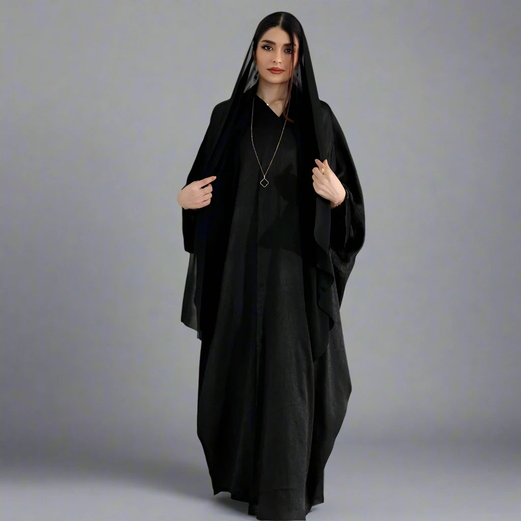 Elegant Satin Batwing Sleeve Farasha Cardigan Open Abaya Dress for Women - Perfect for Prayer, Evening Parties & Special Occasions