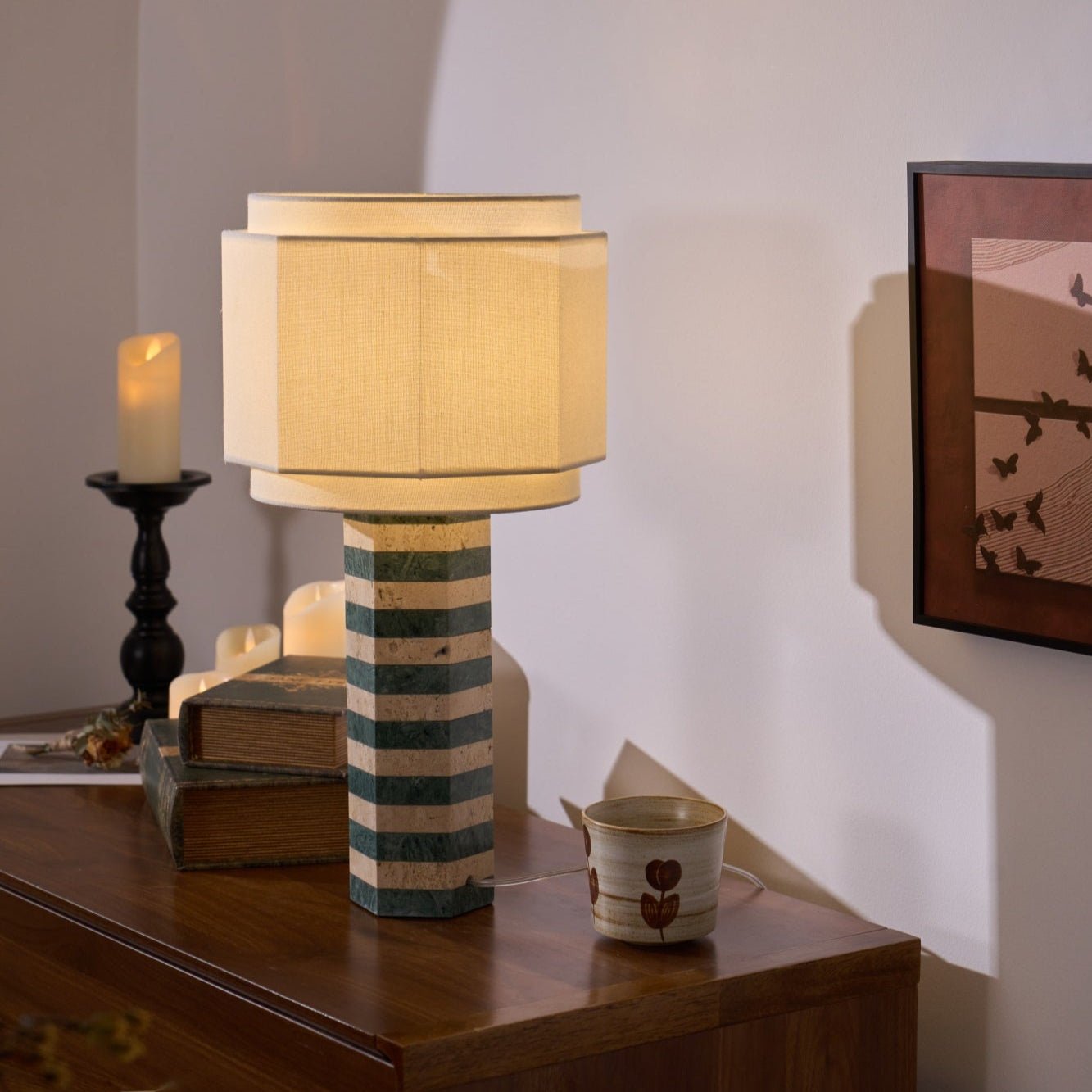 Modari Striped Stone Table Lamp - Modern Decorative Lighting for Living Room, Bedroom & Office - Dimmable LED Desk Lamp with Natural Stone Base