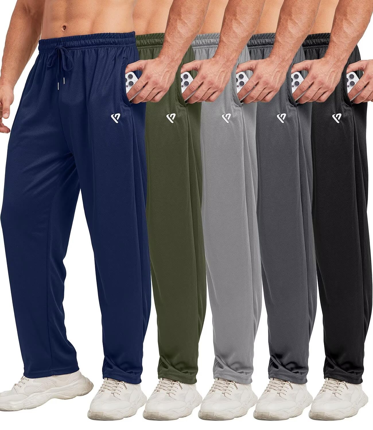 5 Pack Men's Sweatpants with Zip Pockets - Loose Fit Open Bottom Joggers, Breathable Mesh Athletic Pants for Running, Gym, Workout & Casual Wear | Comfortable Lounge Pants for Home, Travel & Outdoor Activities